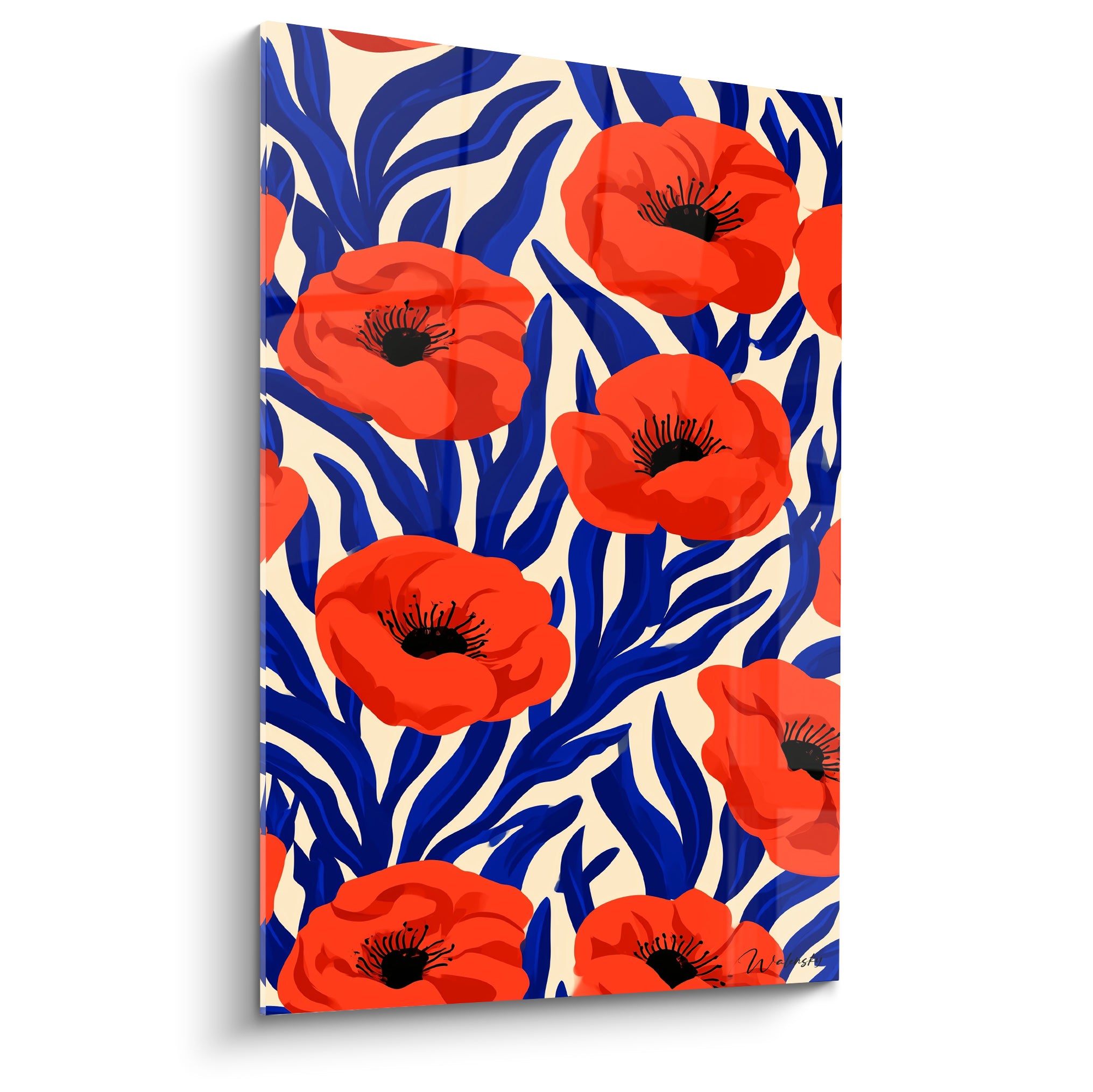 Coquelicots rouges et feuillages bleu marine sur fond crème, motif floral graphique et intense