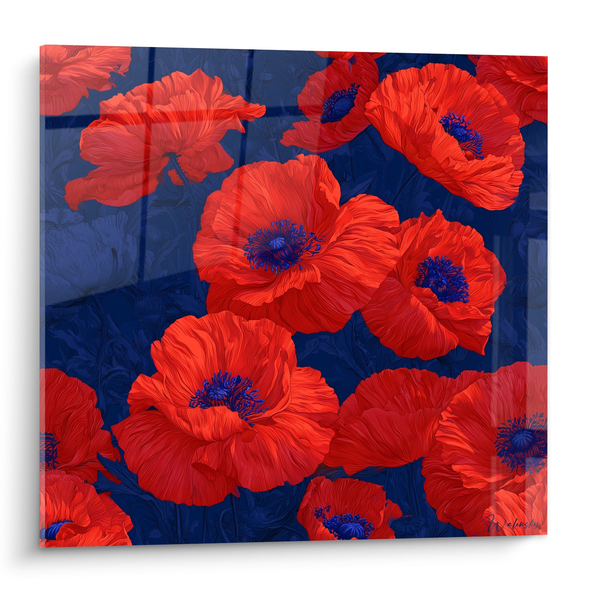 Coquelicots rouges aux pistils bleu indigo se déployant sur un fond bleu marine profond et graphique