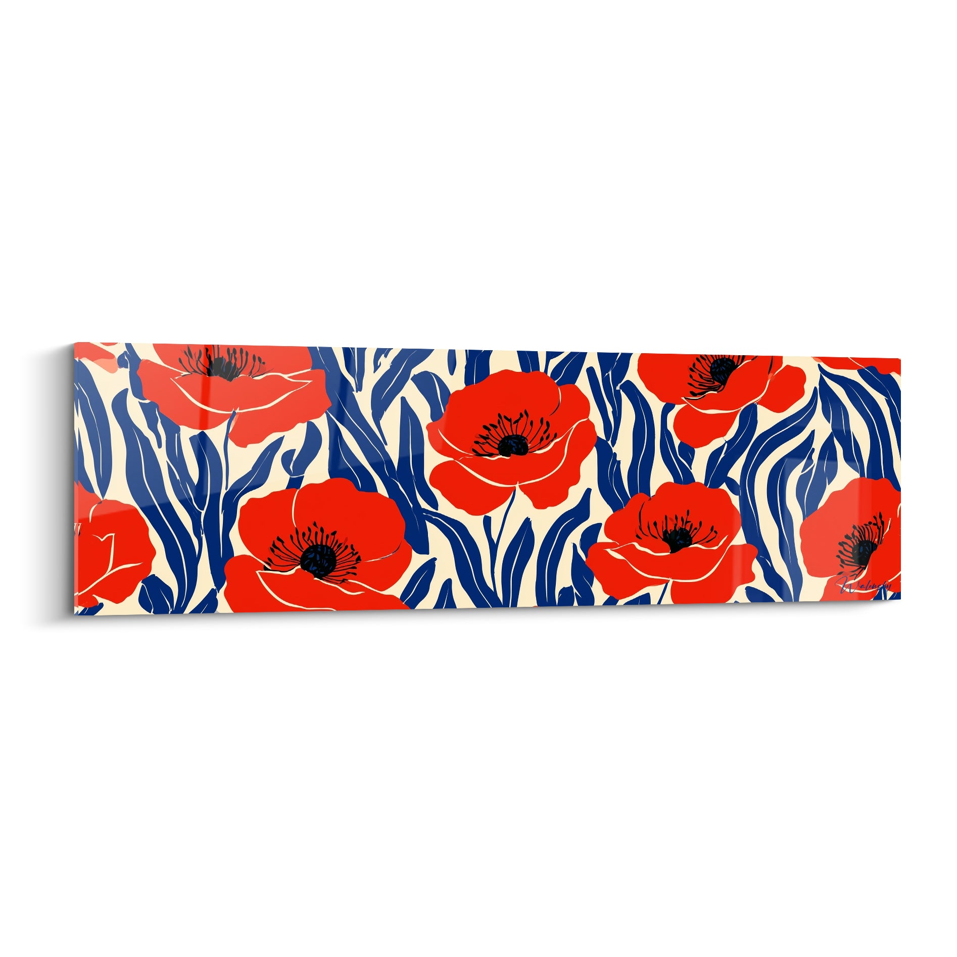 Coquelicots rouge vif aux feuillages bleu marine, motif floral graphique sur fond ivoire crème