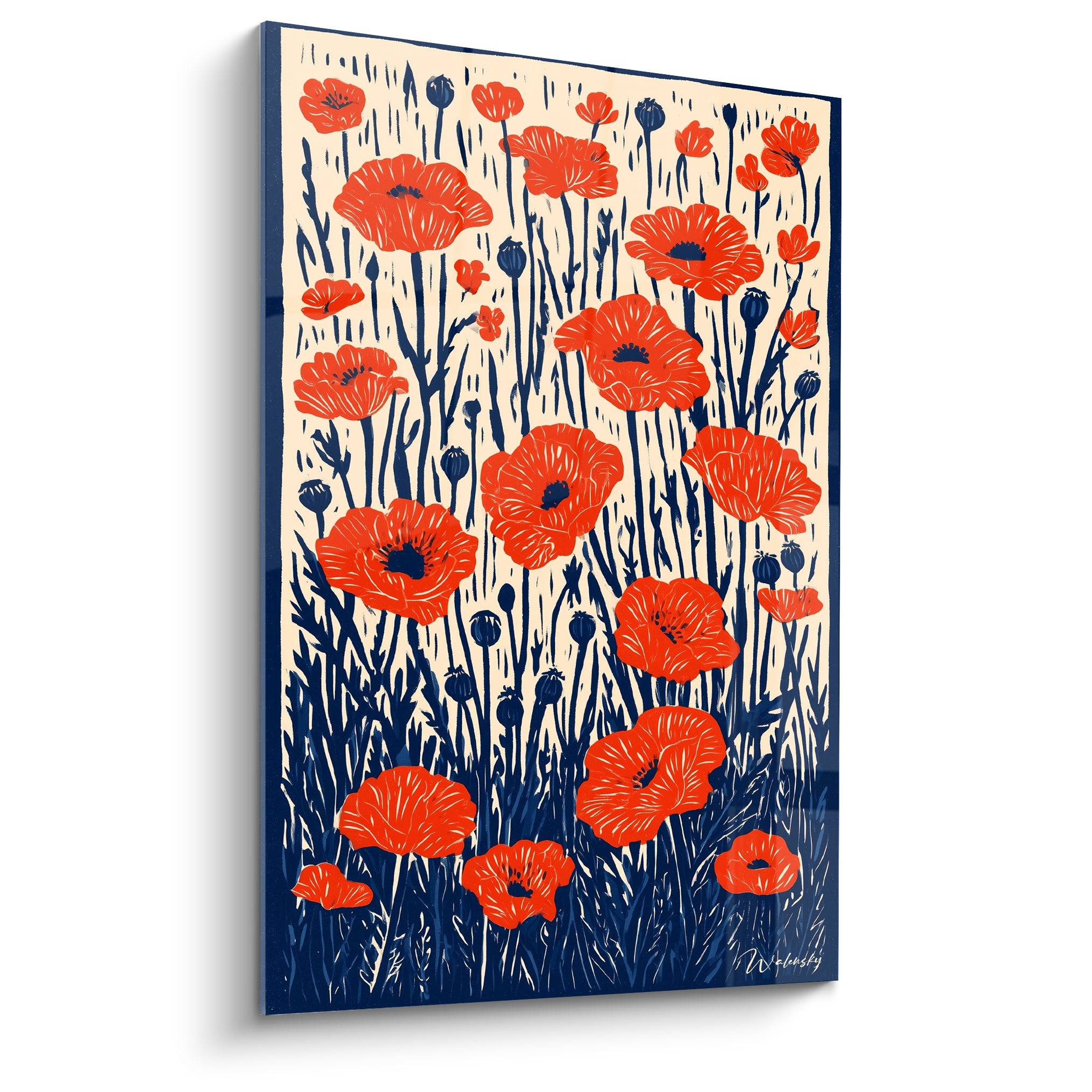 Coquelicot rouge vif sur tiges bleu marine denses, style gravure aux traits nets et fond ivoire