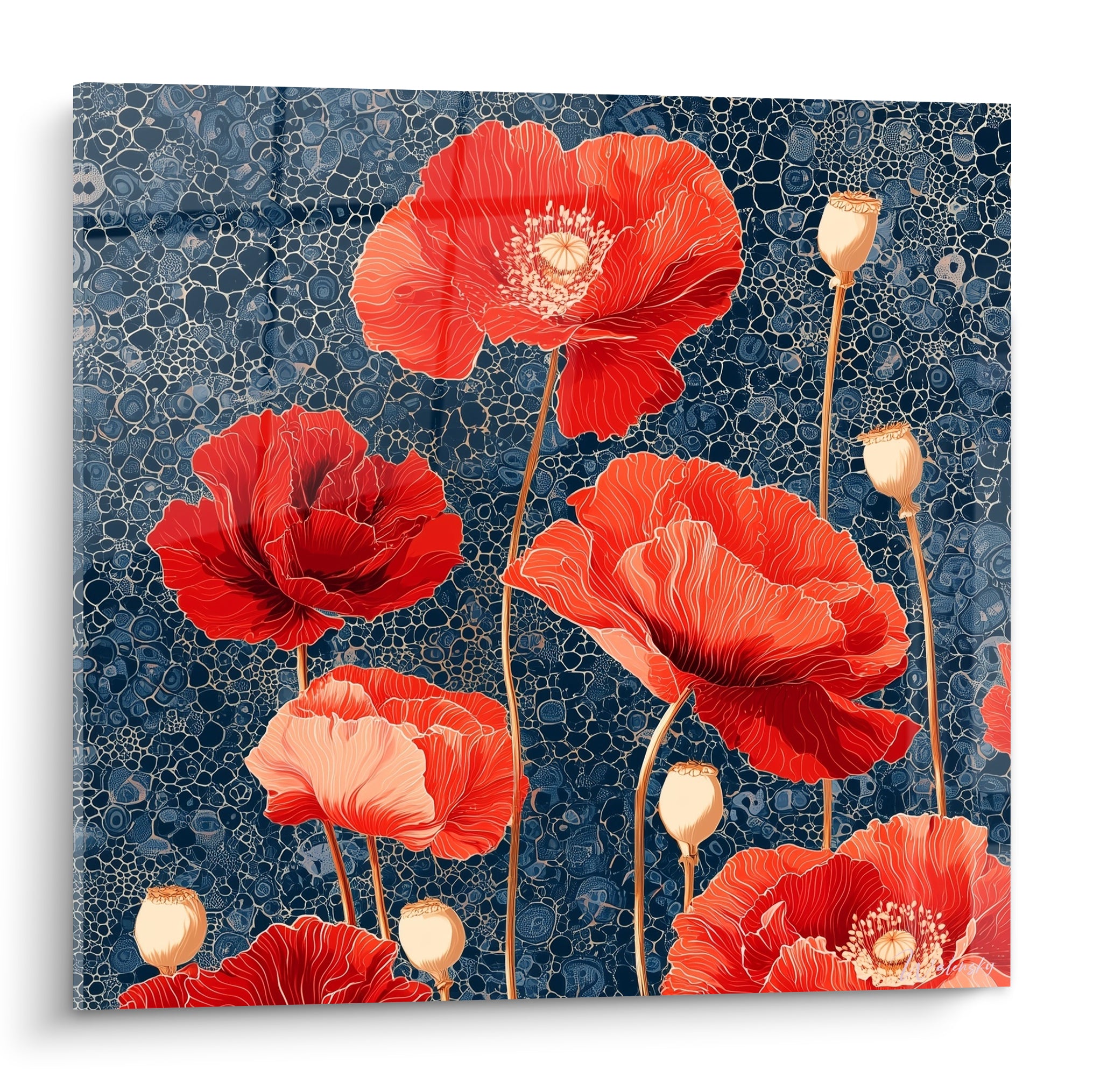 Coquelicots rouge vermillon et corail aux tiges dorées sur fond bleu marine texturé