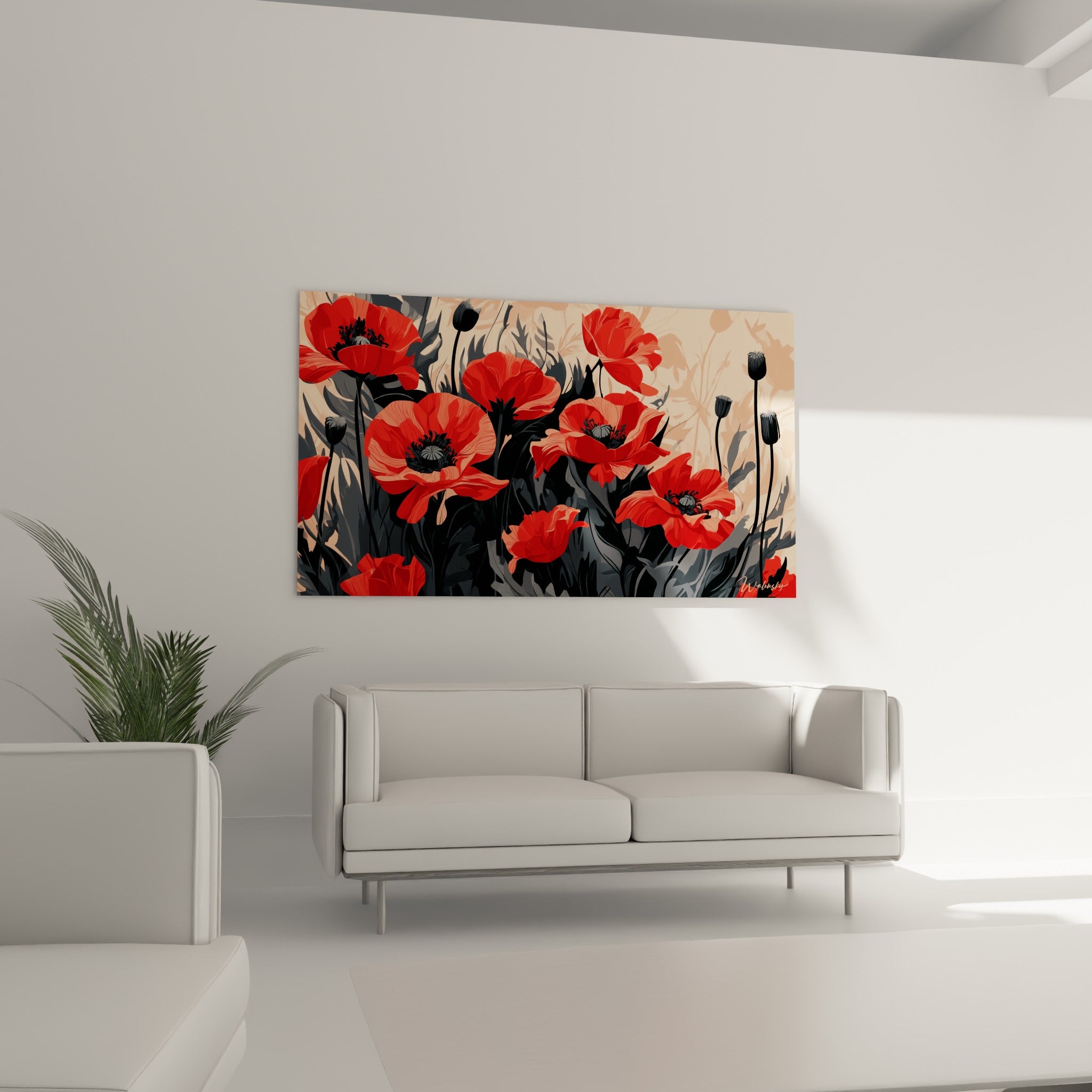 Fleurs de coquelicot rouge vif et boutons noirs installées au-dessus d'un canapé dans un salon lumineux