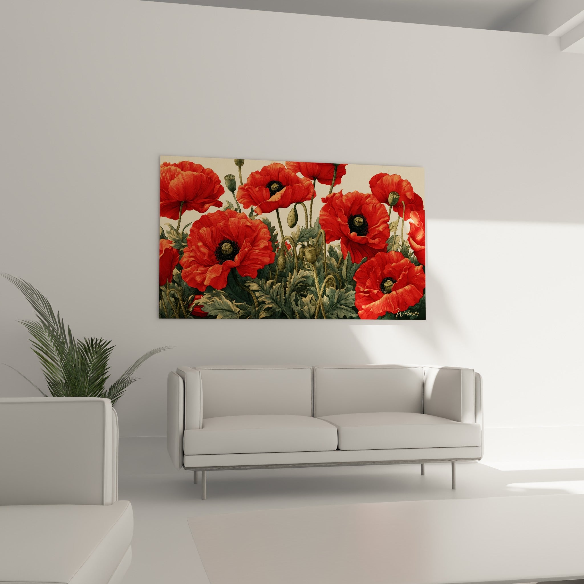Fleurs de coquelicot rouge vif et boutons olive placés au-dessus d'un canapé dans un salon lumineux