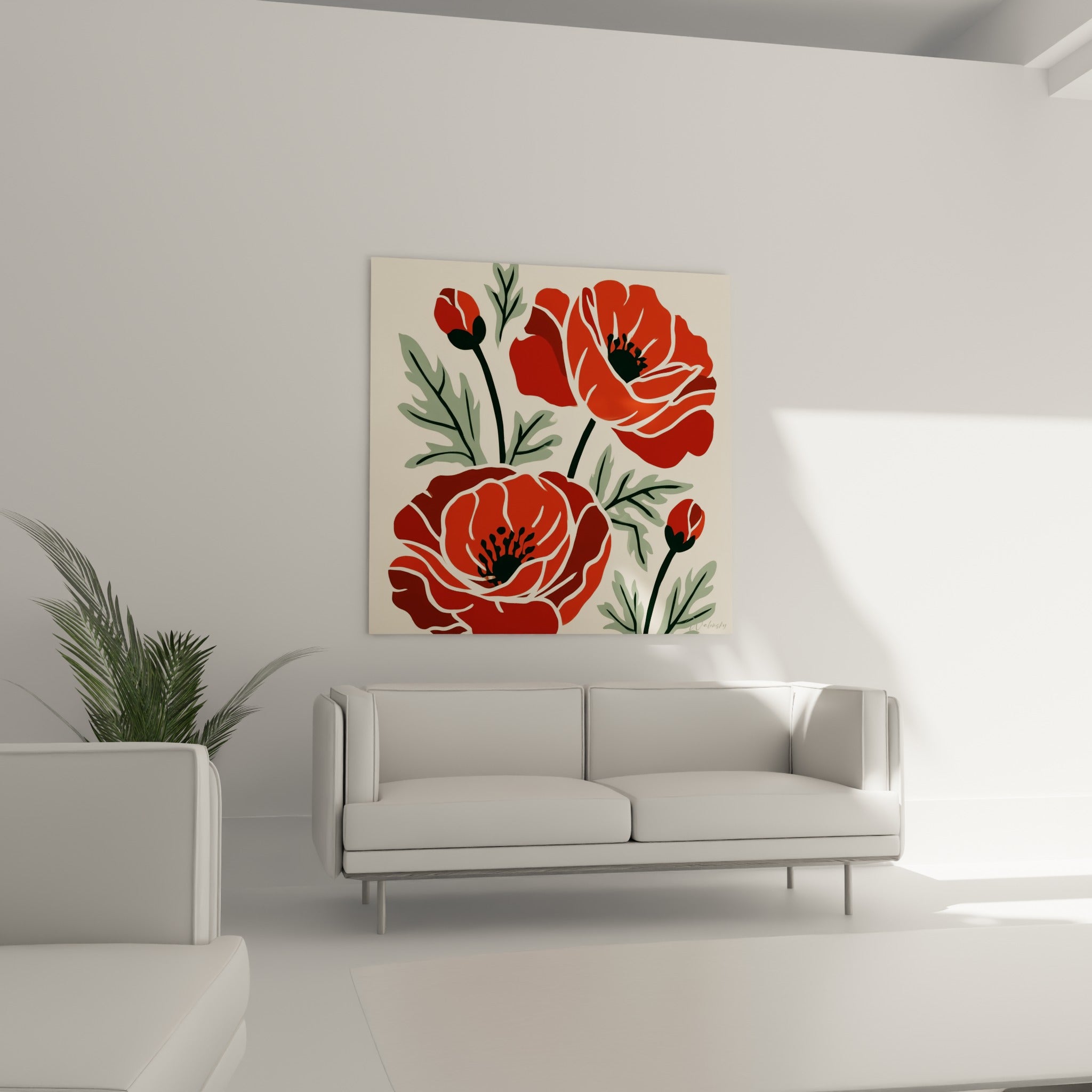 Fleurs de coquelicot rouge brique aux cœurs noirs disposées au-dessus d'un canapé dans un salon lumineux