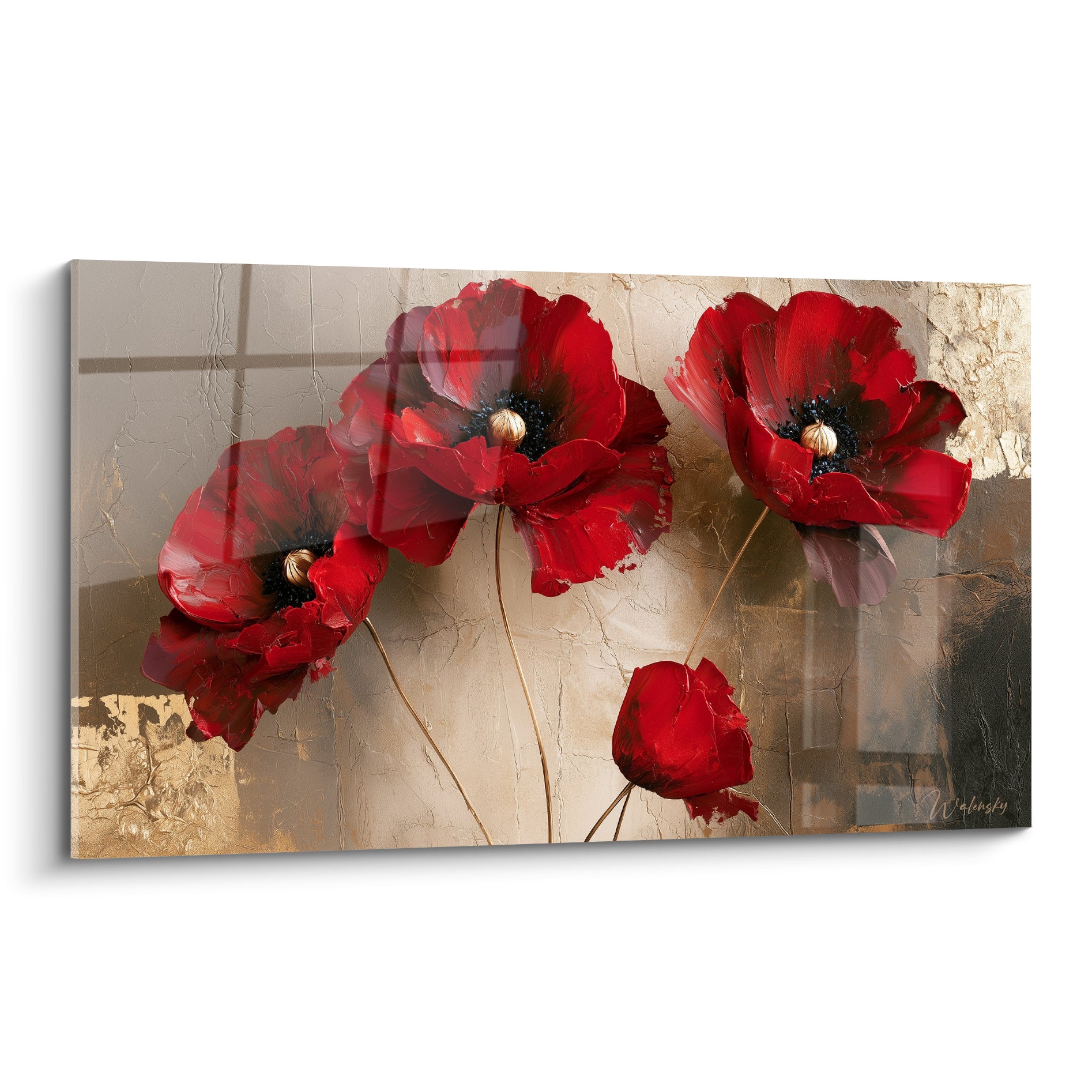 Coquelicots rouges aux cœurs dorés peints en touches larges sur fond ocre et anthracite craquelé