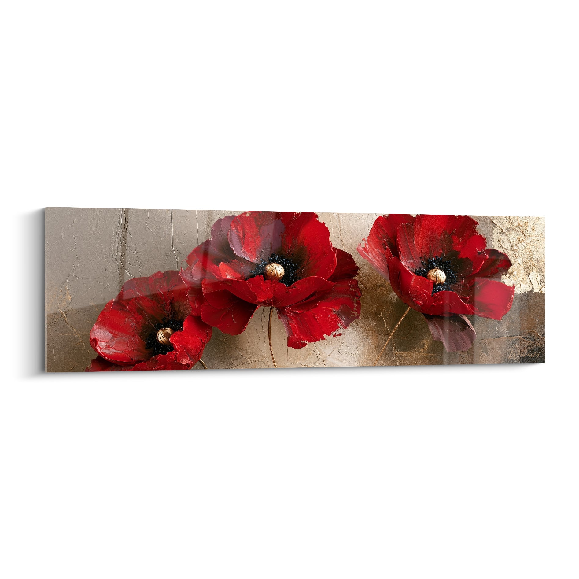 Coquelicots rouge carmin aux cœurs dorés peints en relief sur fond taupe craquelé