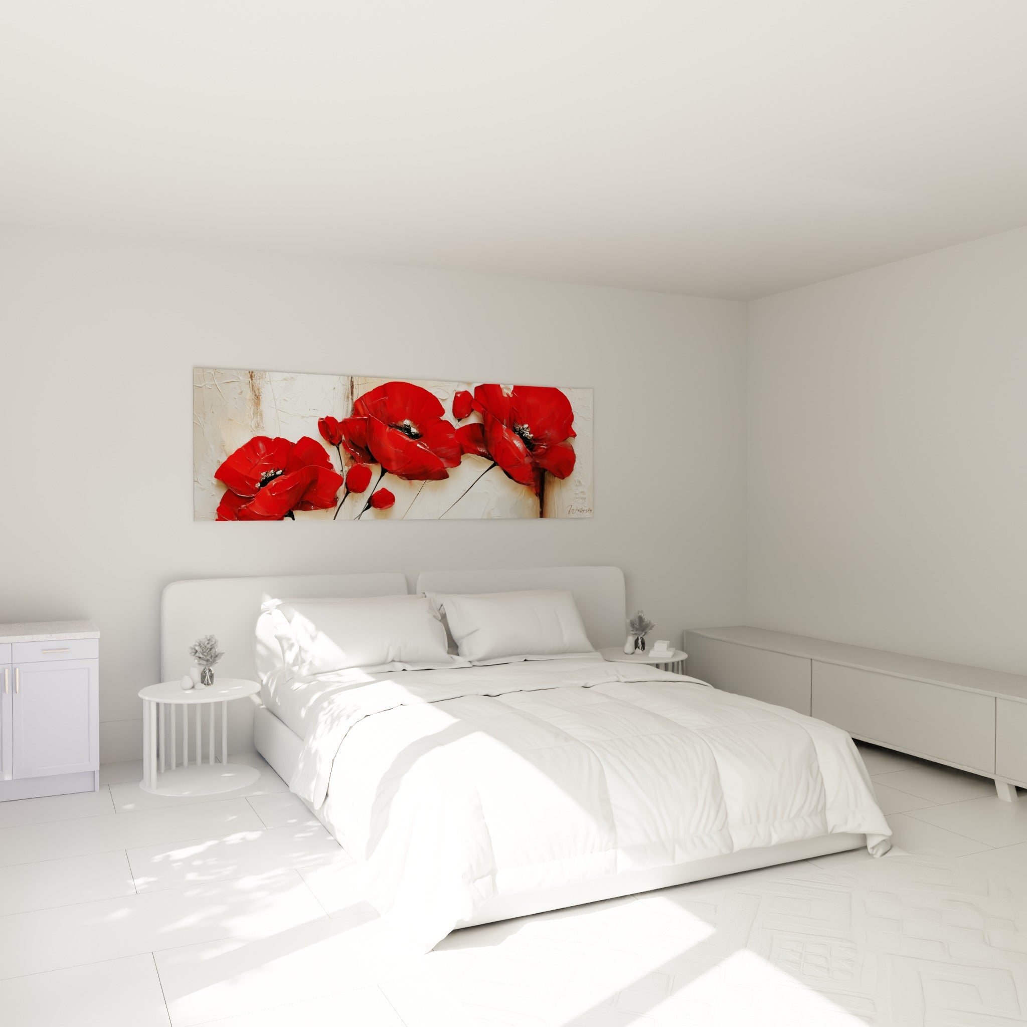 Fleurs rouges intenses aux tiges noires accrochées au-dessus d'un lit dans une chambre claire.