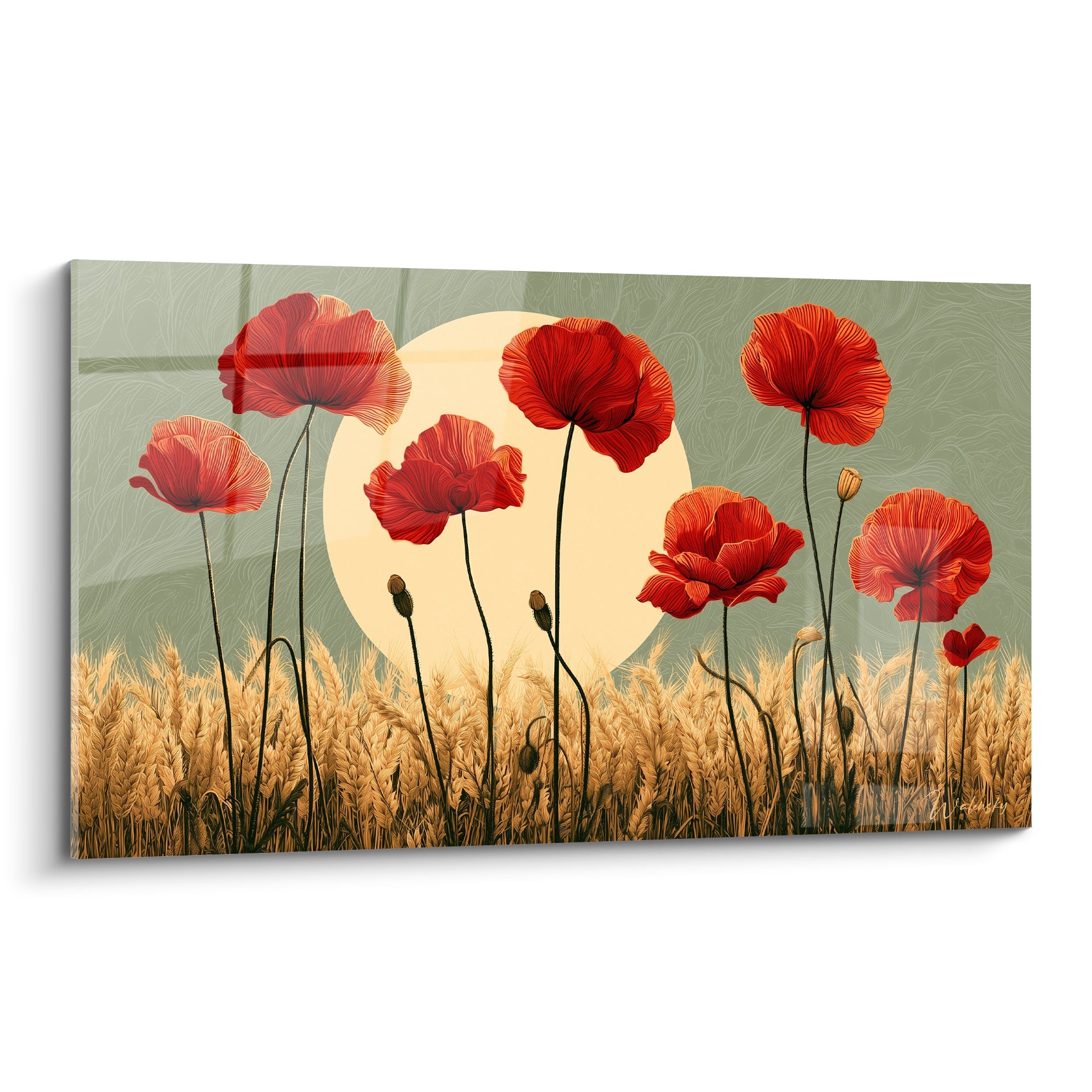 Coquelicots rouge vermillon dressés devant un soleil crème sur fond vert sauge