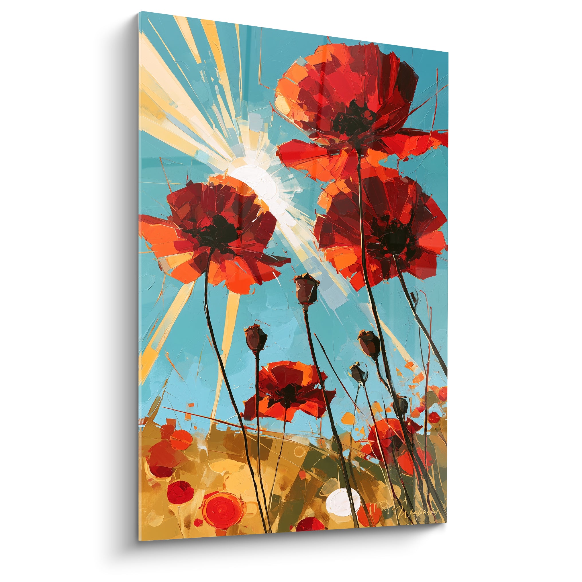 Coquelicots rouge et orange en contre-jour sur fond bleu turquoise strié de rayons dorés
