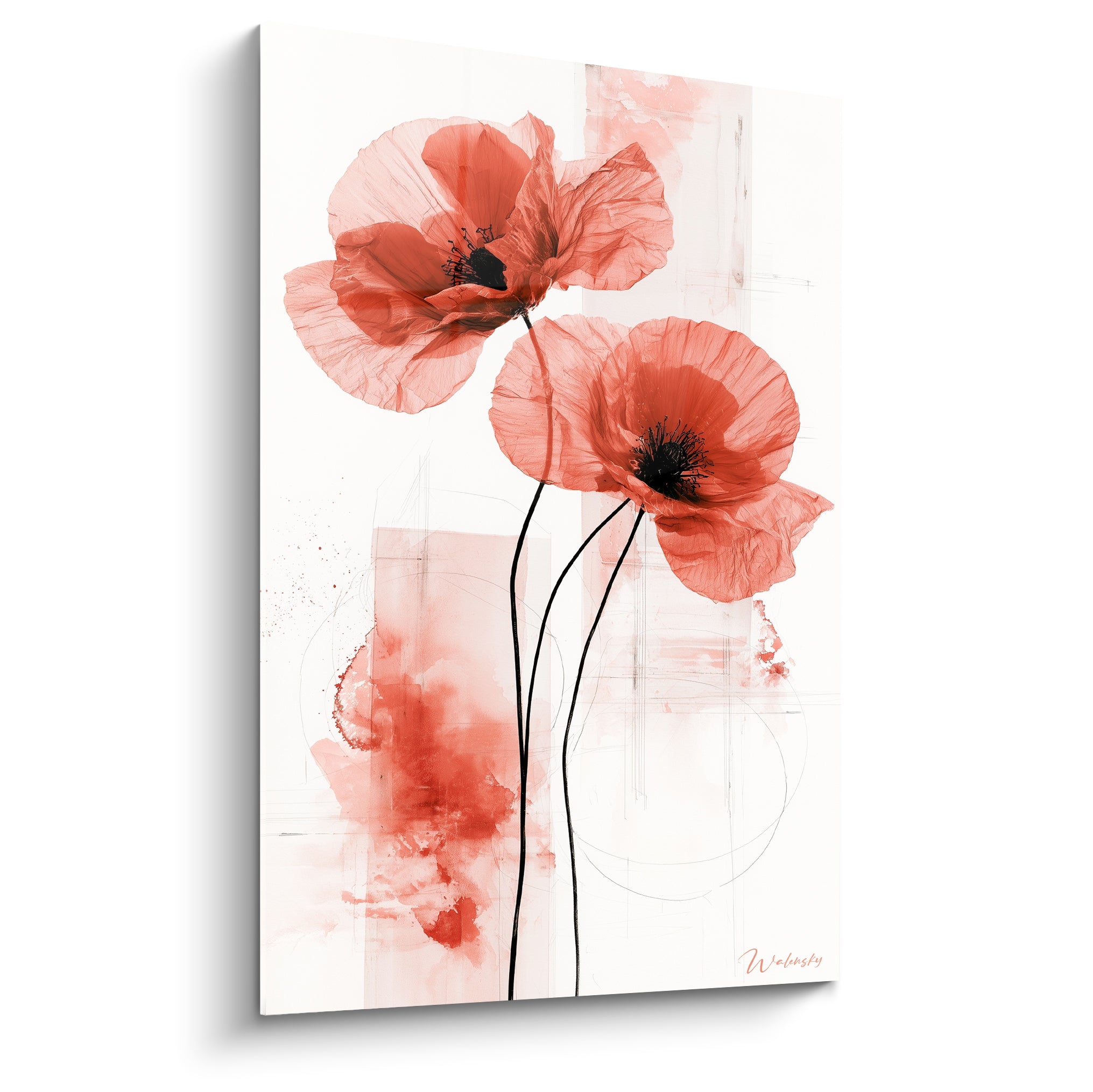 Coquelicots rouge corail aux cœurs noirs peints en aquarelle sur fond blanc cassé abstrait