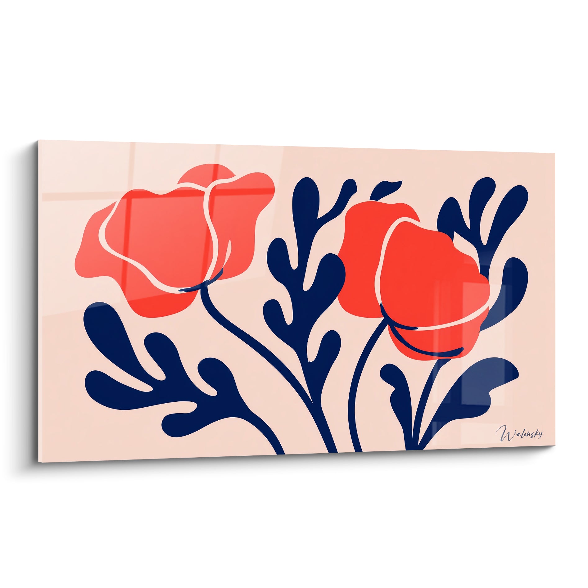Coquelicot rouge corail et feuillages bleu marine sur fond rosé, style graphique en aplats découpés