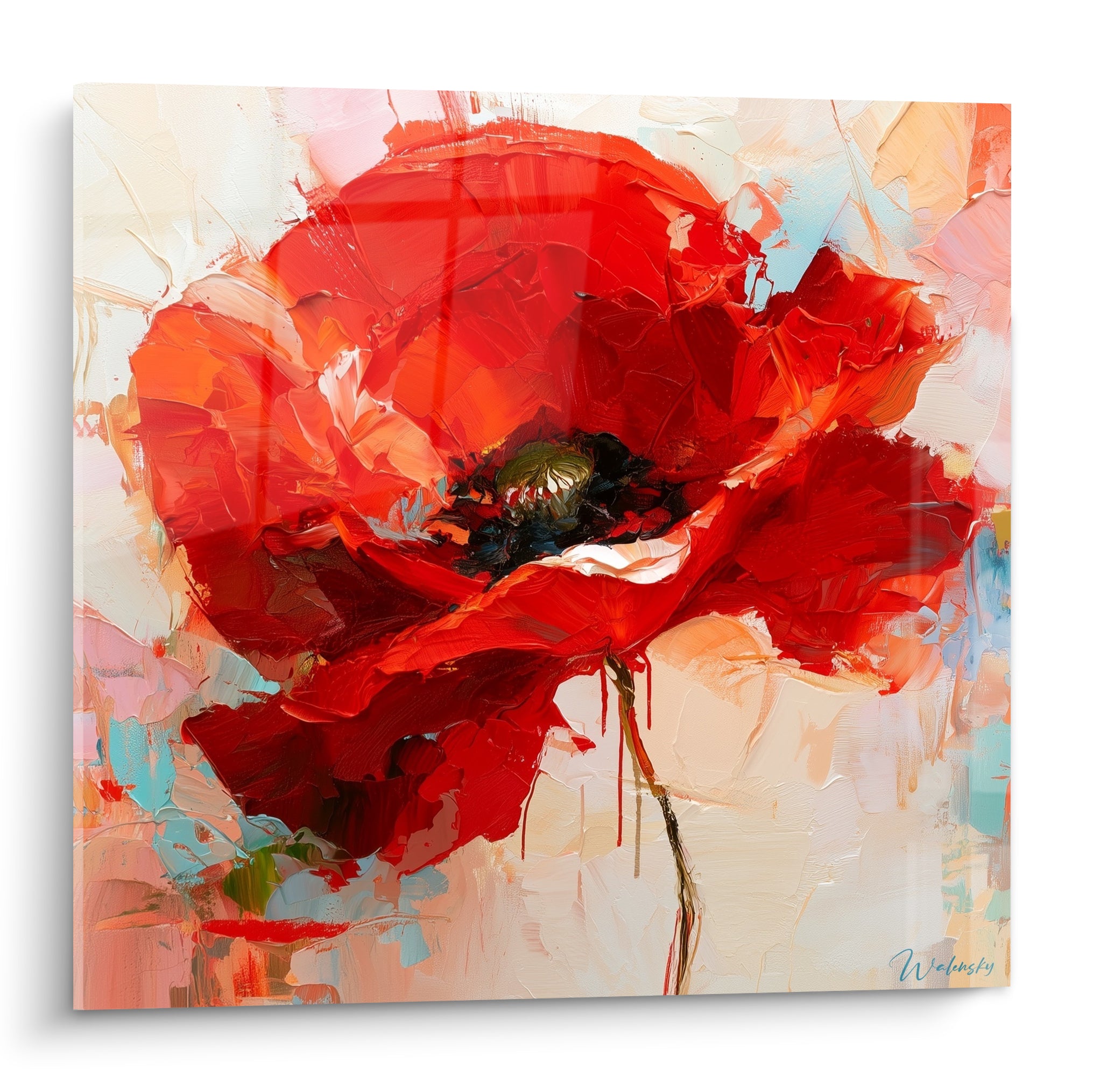 Coquelicot rouge et corail aux pétales texturés peints au couteau sur fond ivoire et bleu pastel