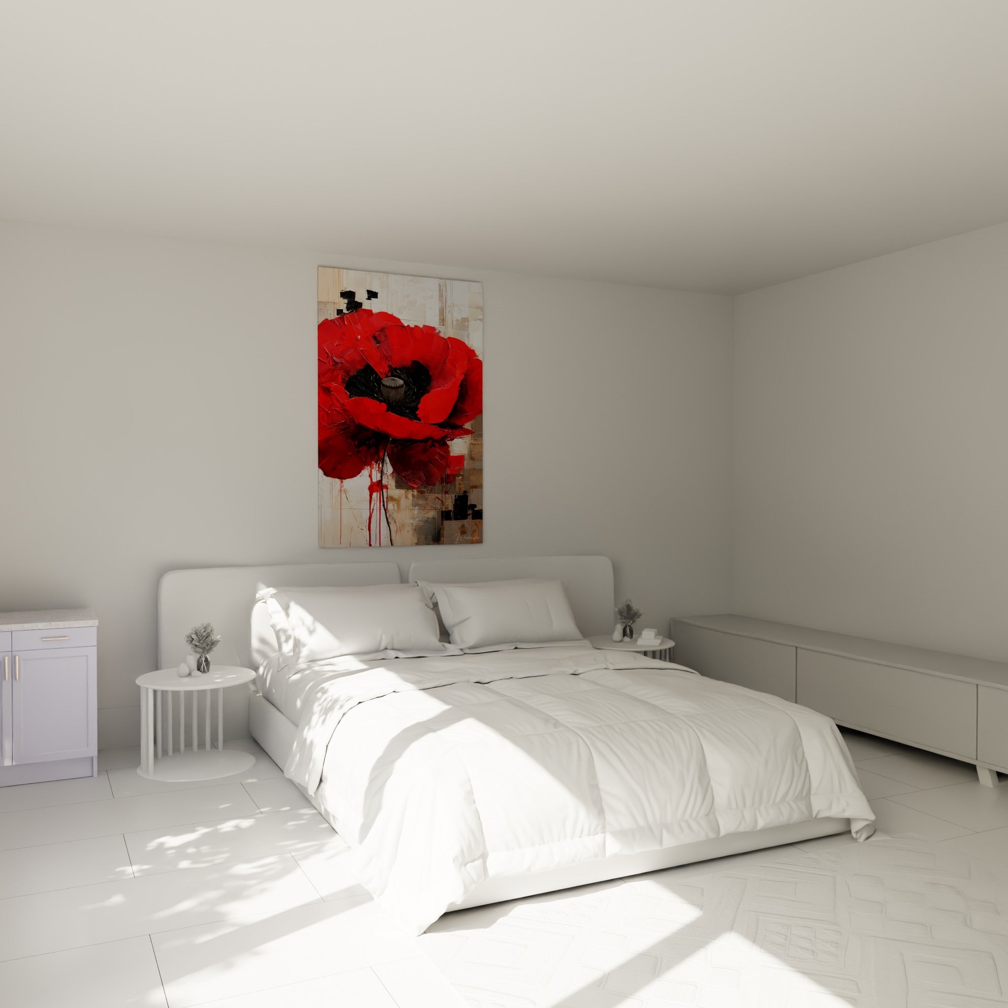 Fleur rouge aux coulures sombres sur fond beige, tableau coquelicot accroché au-dessus d'un lit dans une chambre claire
