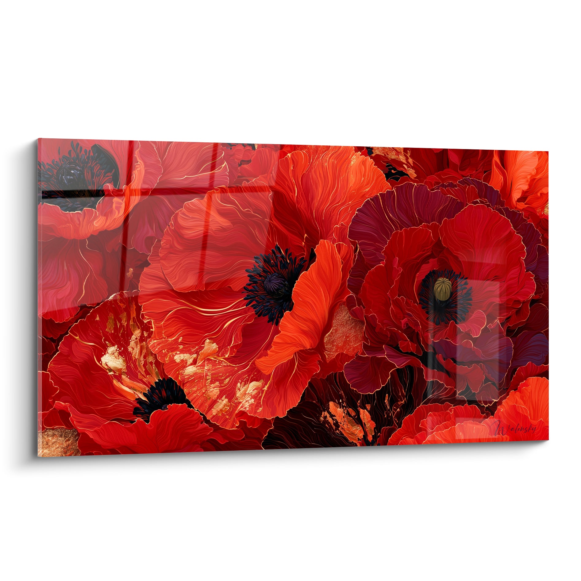Coquelicots rouges et dorés aux cœurs noirs denses, pétales froissés en gros plan végétal