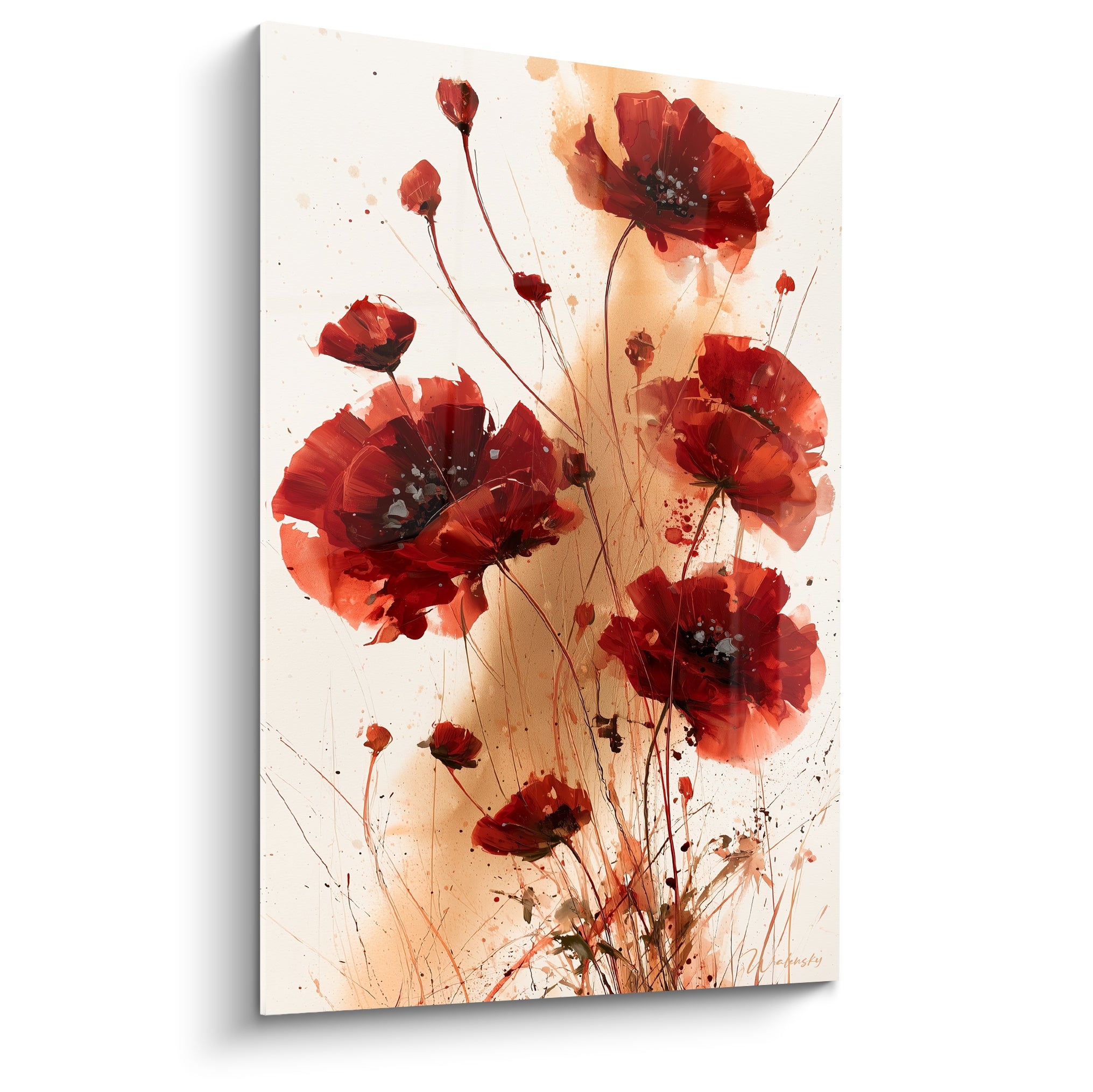 Coquelicots rouge écarlate et bordeaux aux pétales éclatés sur fond ivoire tacheté d'ocre