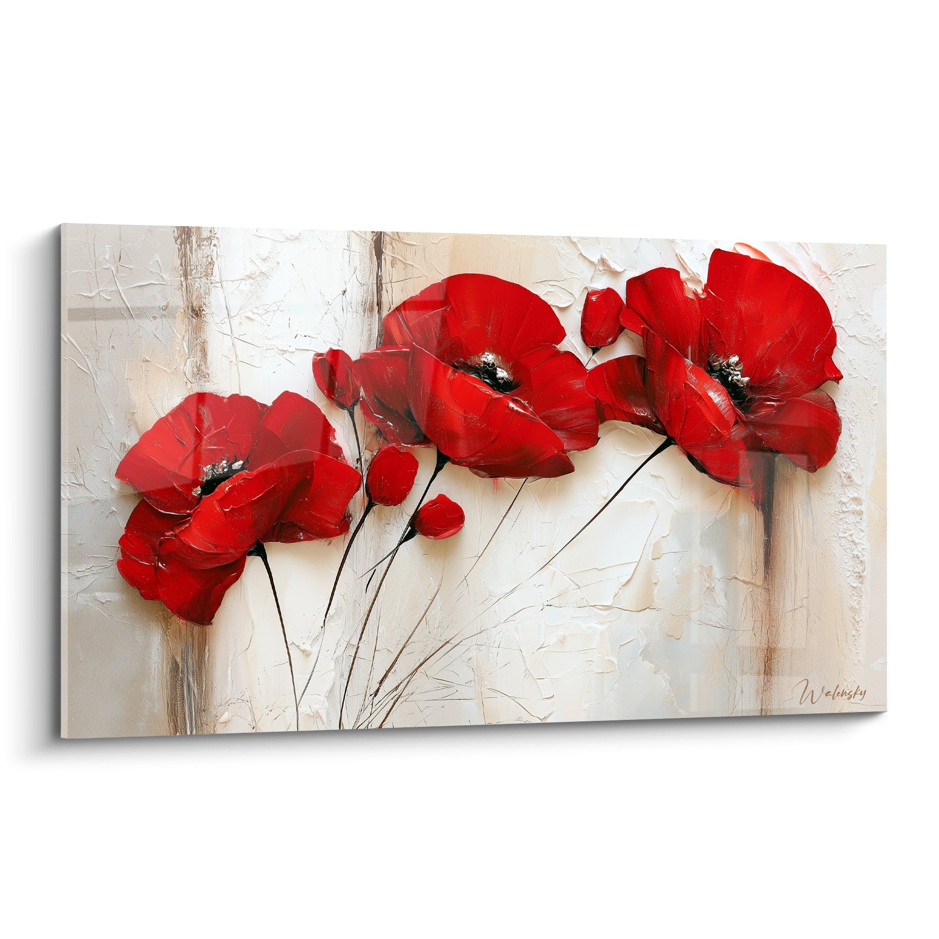 Coquelicots rouge écarlate aux cœurs noirs sur fond ivoire texturé et coulures brunes