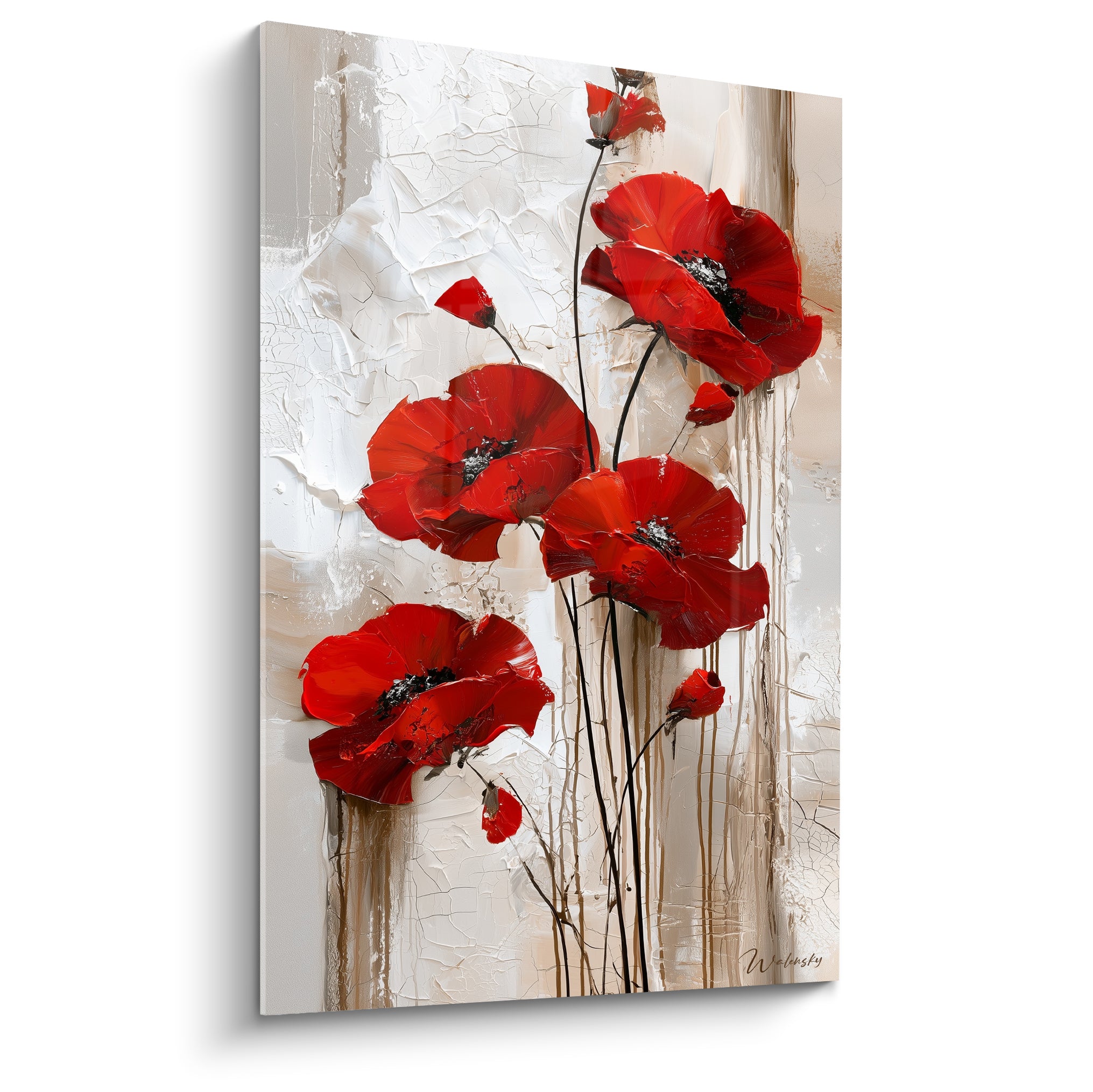 Coquelicots rouge écarlate aux pétales texturés sur fond ivoire et beige craquelé
