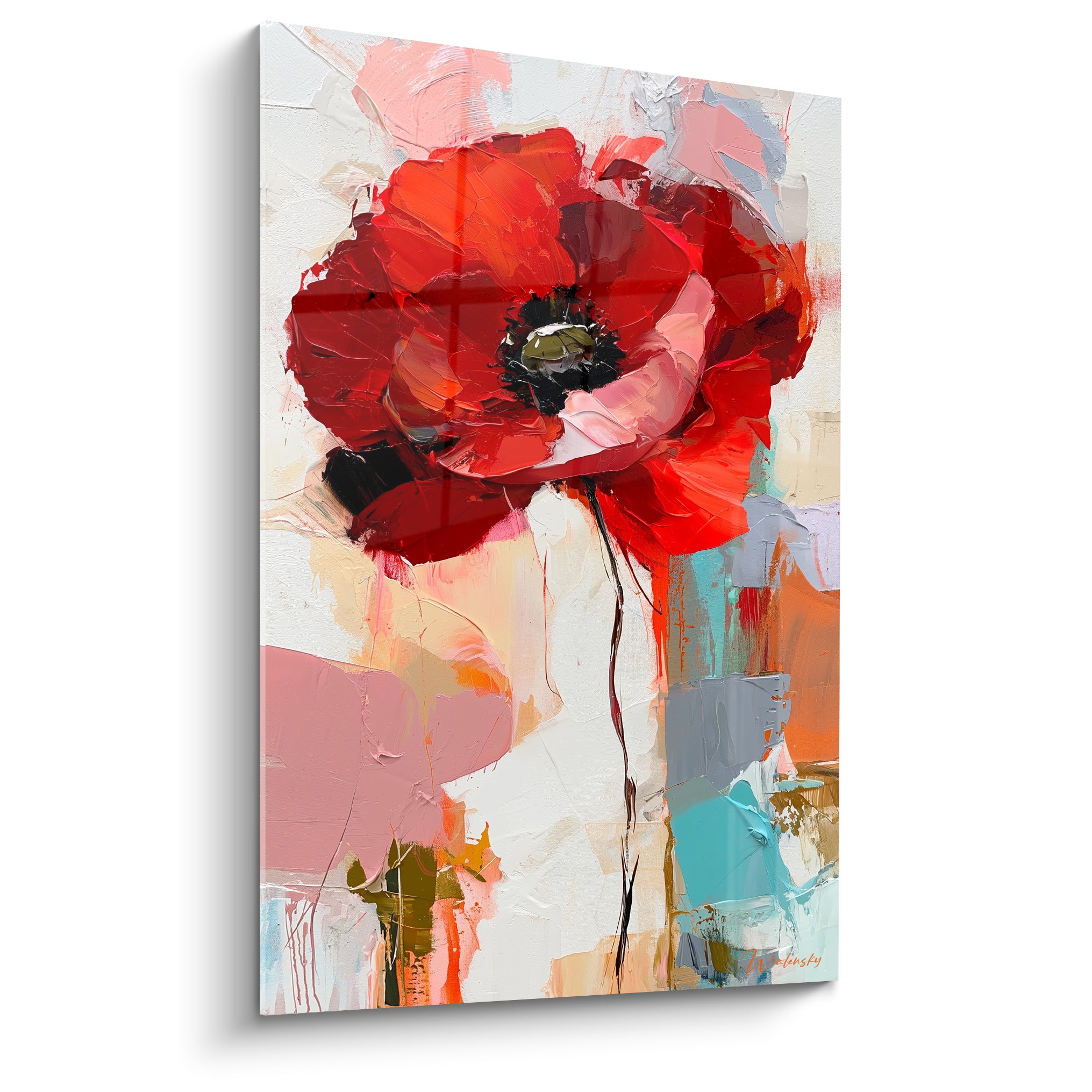 Coquelicot rouge aux pétales roses et fond turquoise, peinture à empâtements épais