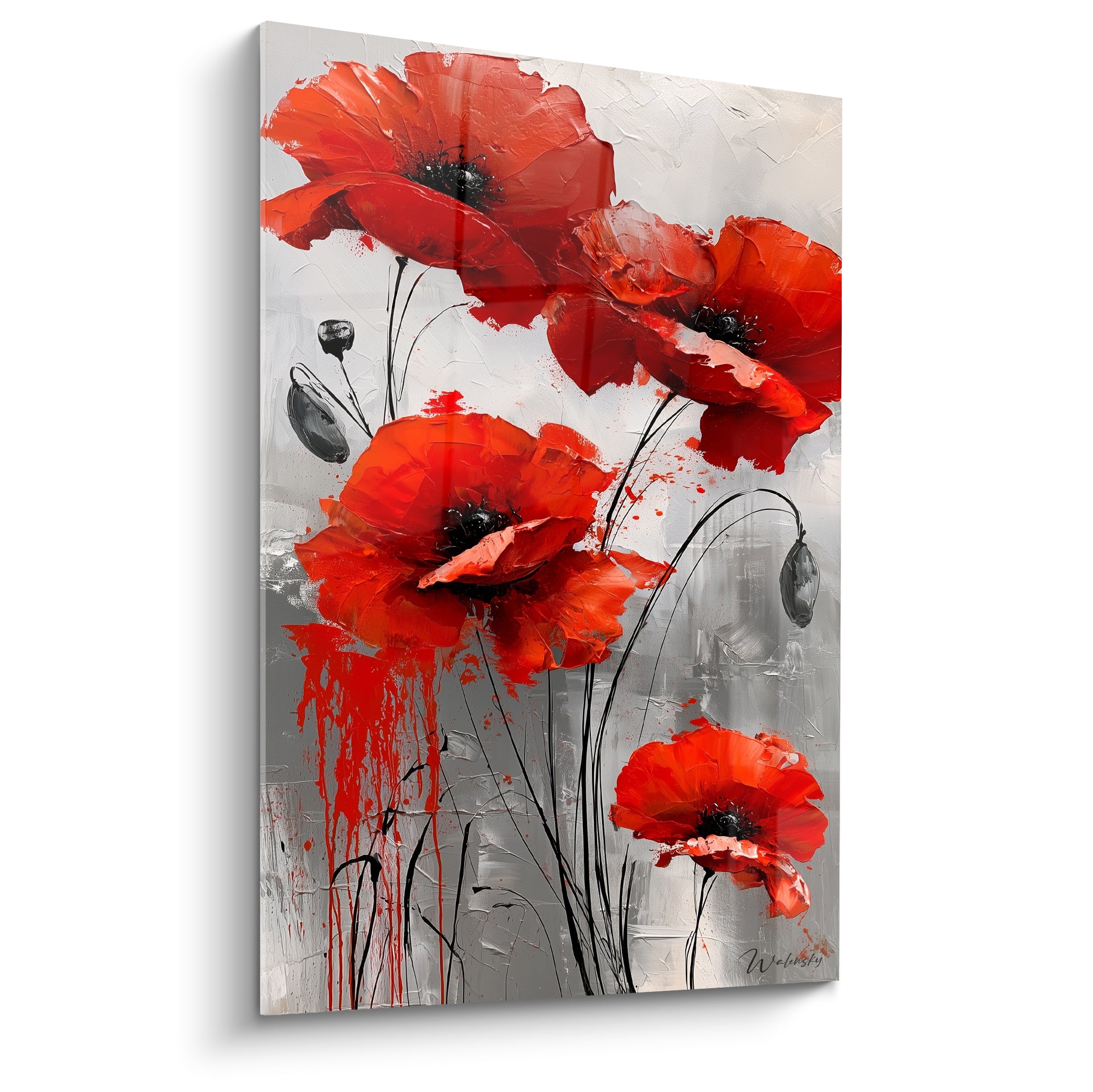Coquelicots rouge écarlate aux cœurs noirs, empâtements épais sur fond gris argenté texturé