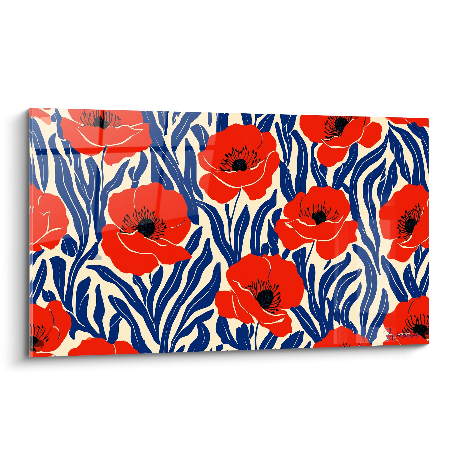 Coquelicots rouges aux cœurs noirs sur feuillage bleu marine et fond ivoire lumineux