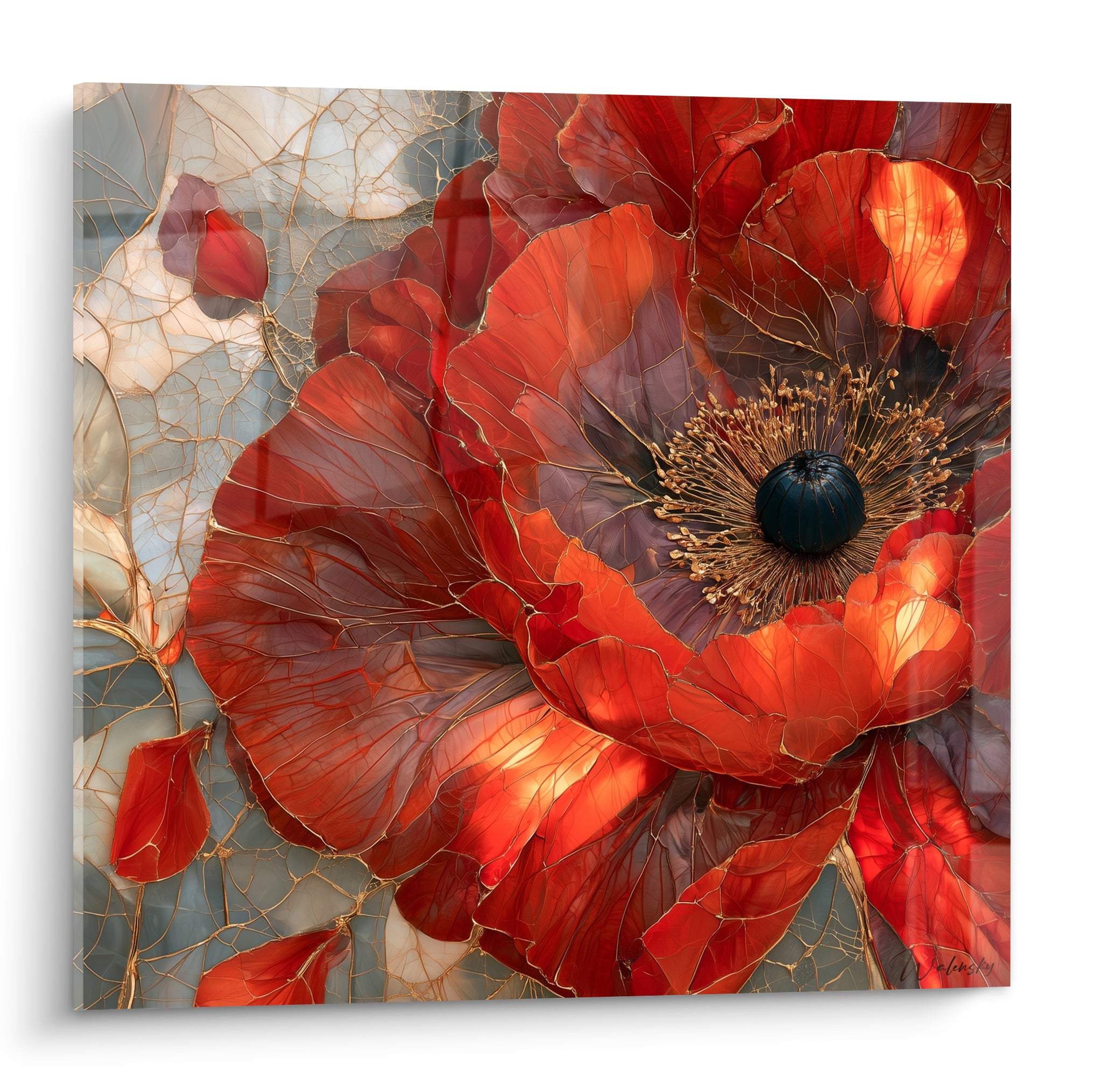Coquelicot rouge terracotta aux nervures dorées fissurées, pétales translucides, cœur anthracite
