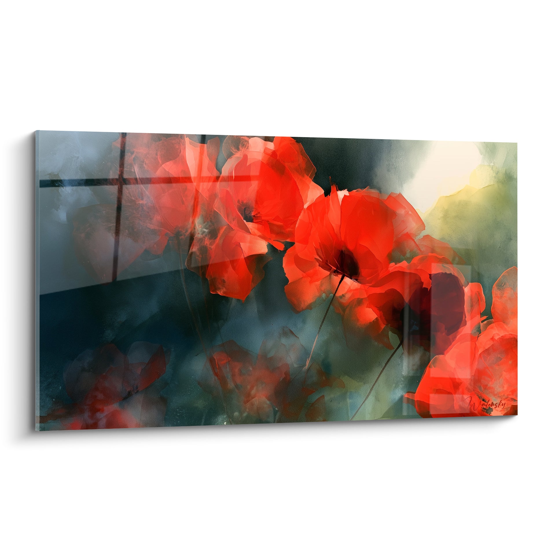 Coquelicots rouge vermillon aux cœurs sombres, fond bleu marine et touches dorées en fondu aquarelle