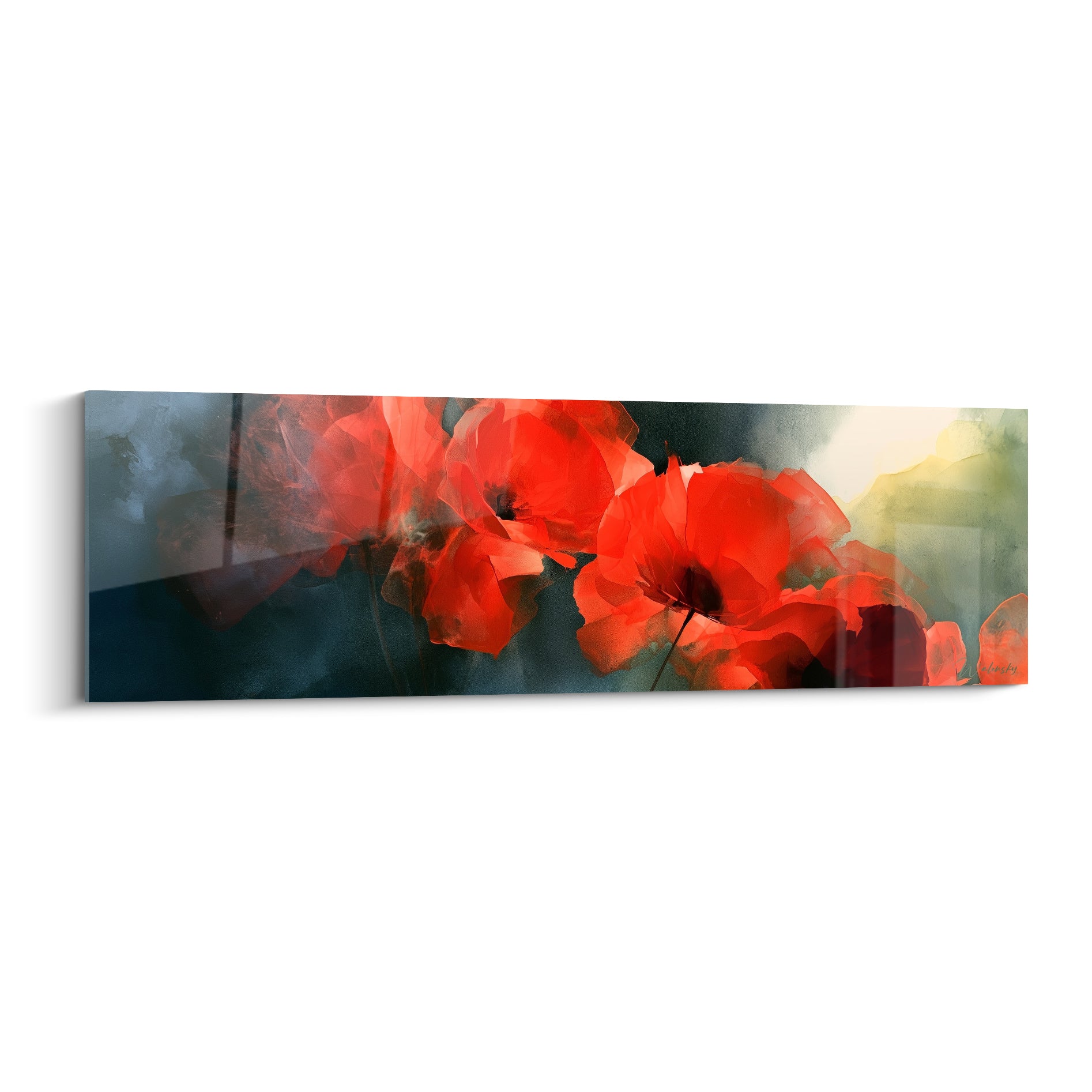 Coquelicots rouge vif aux pétales translucides sur fond bleu nuit et lumière dorée