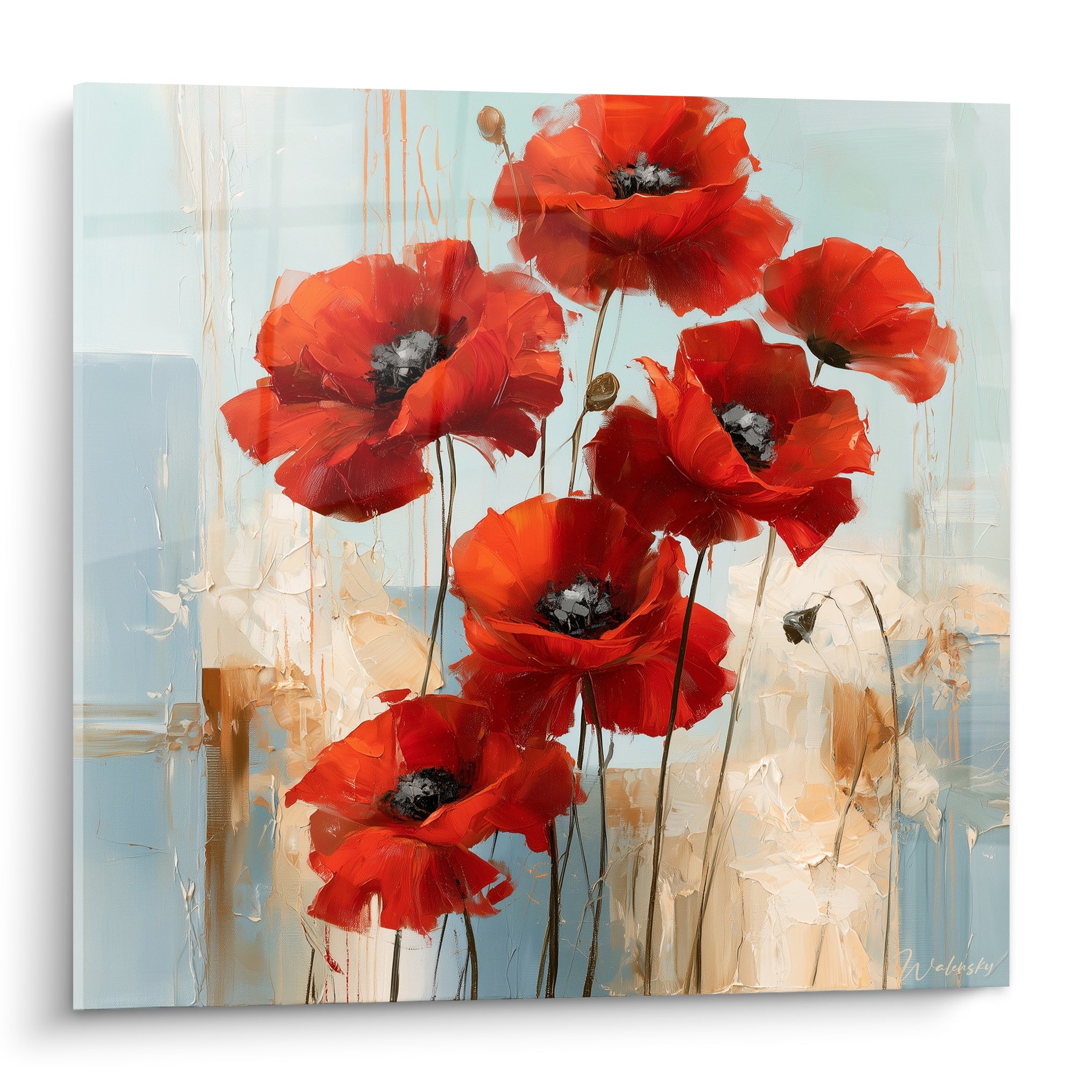 Coquelicots rouges aux cœurs anthracite peints au couteau sur fond bleu poudré et ocre
