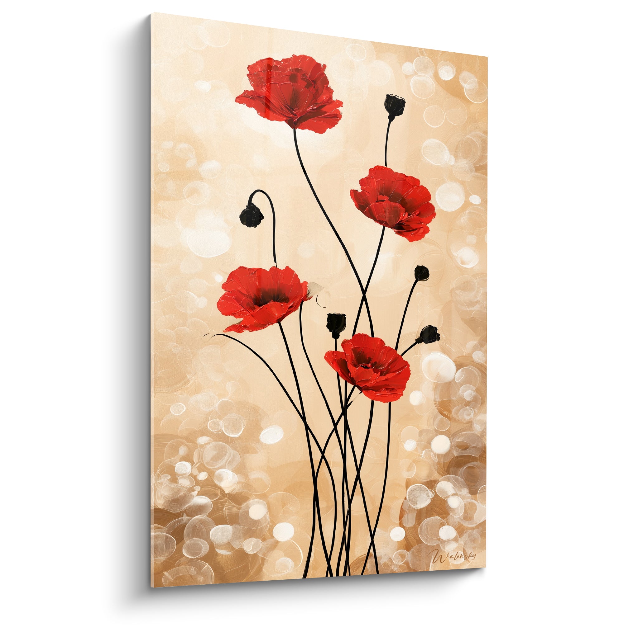 Coquelicots rouges aux tiges noires élancées sur fond doré scintillant à effet bokeh