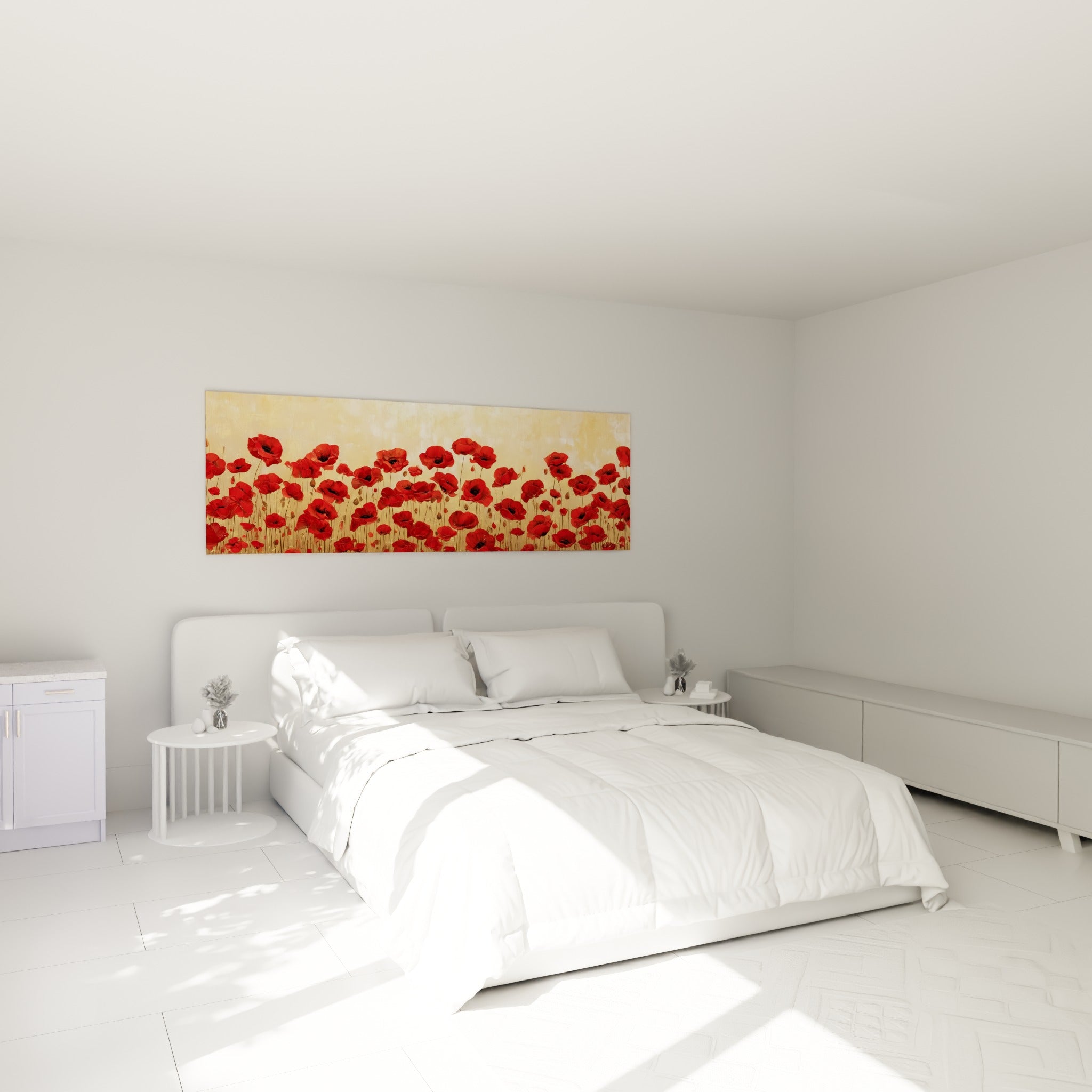 Coquelicots rouge vif aux cœurs sombres, fond ocre lumineux, au-dessus d'un lit dans une chambre claire