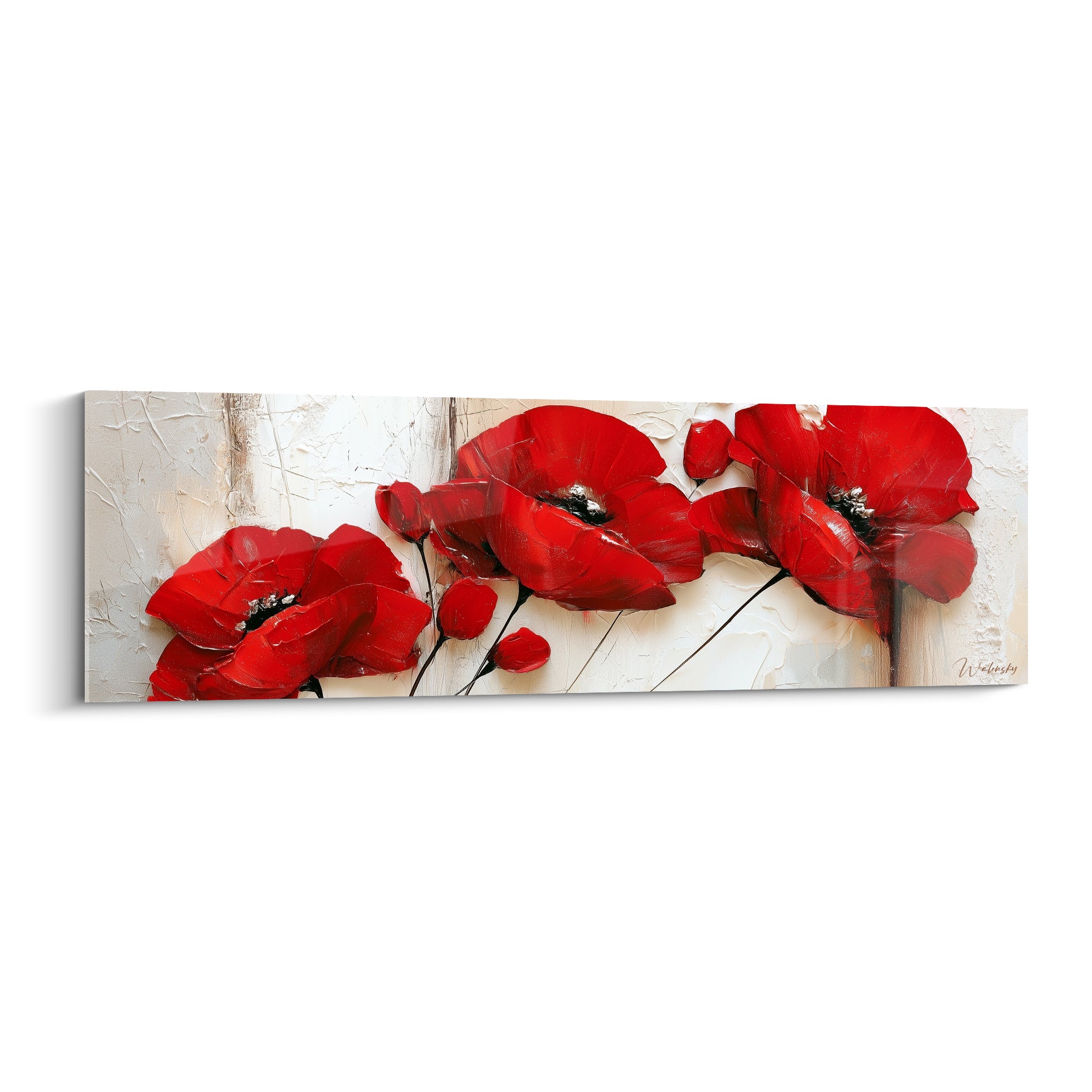 Coquelicots rouges aux pétales froissés se déploient sur fond blanc texturé et beige craquelé.