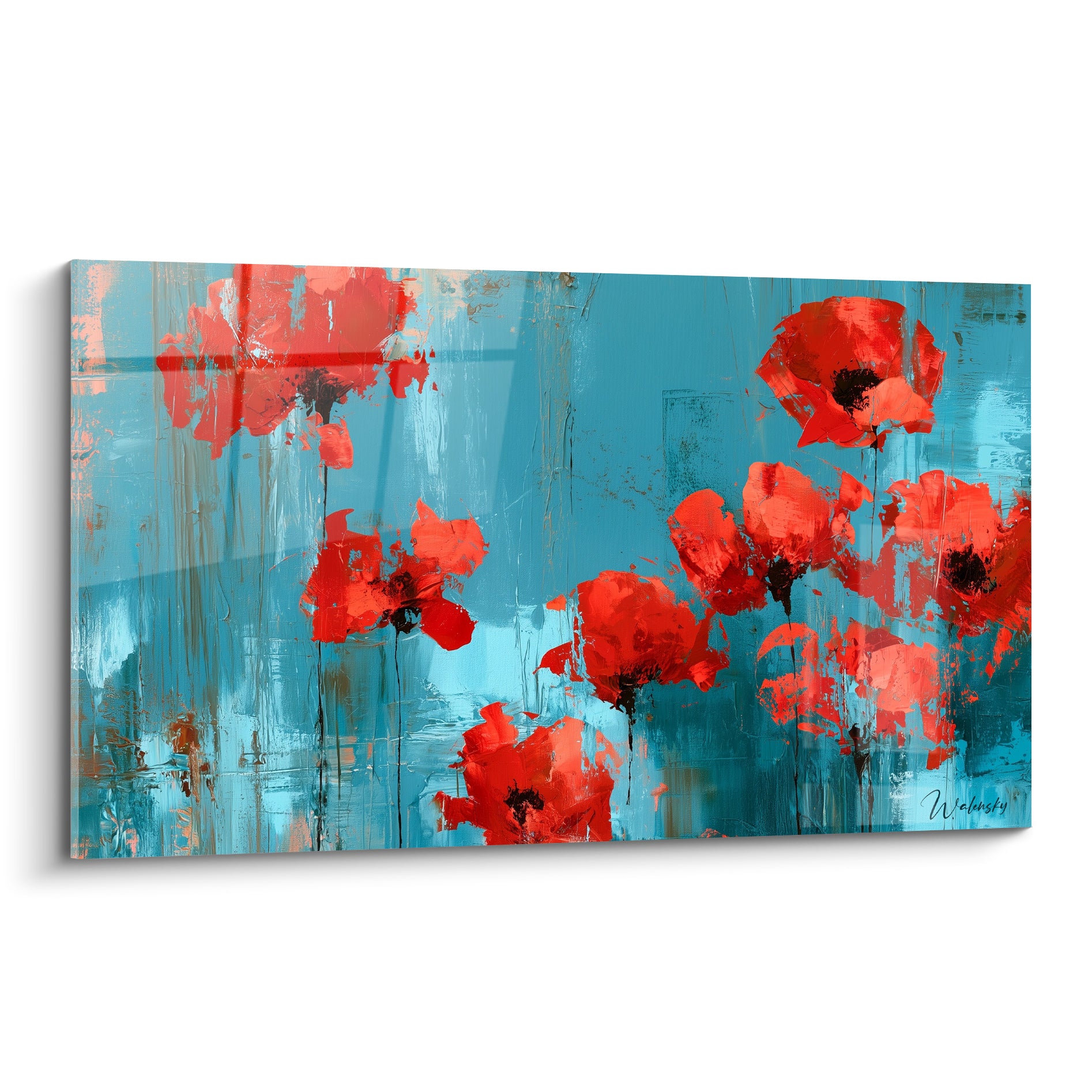Coquelicots rouges texturés au couteau sur fond turquoise strié, cœurs noirs, style abstrait vibrant