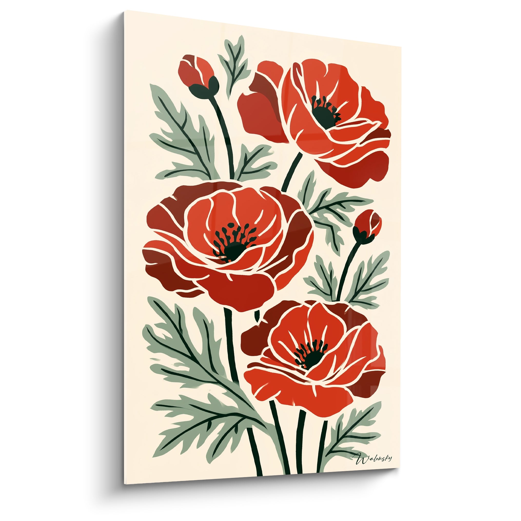 Coquelicot rouge et bordeaux aux tiges noires graphiques sur fond ivoire, style illustré