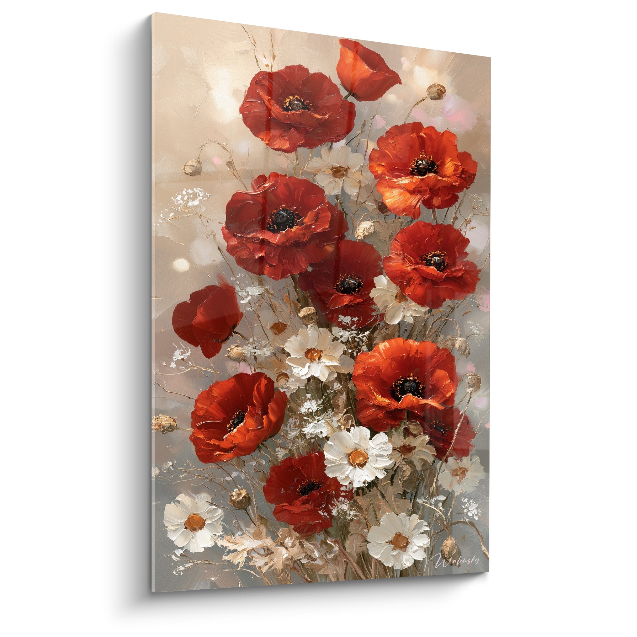 Coquelicots rouges et marguerites blanches peints en relief sur fond beige lumineux