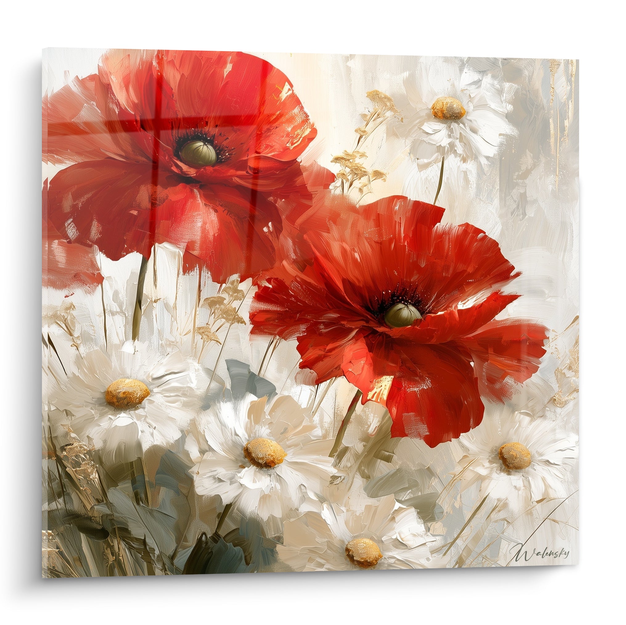 Coquelicots rouge vif et marguerites blanches aux cœurs dorés peints en pleine matière