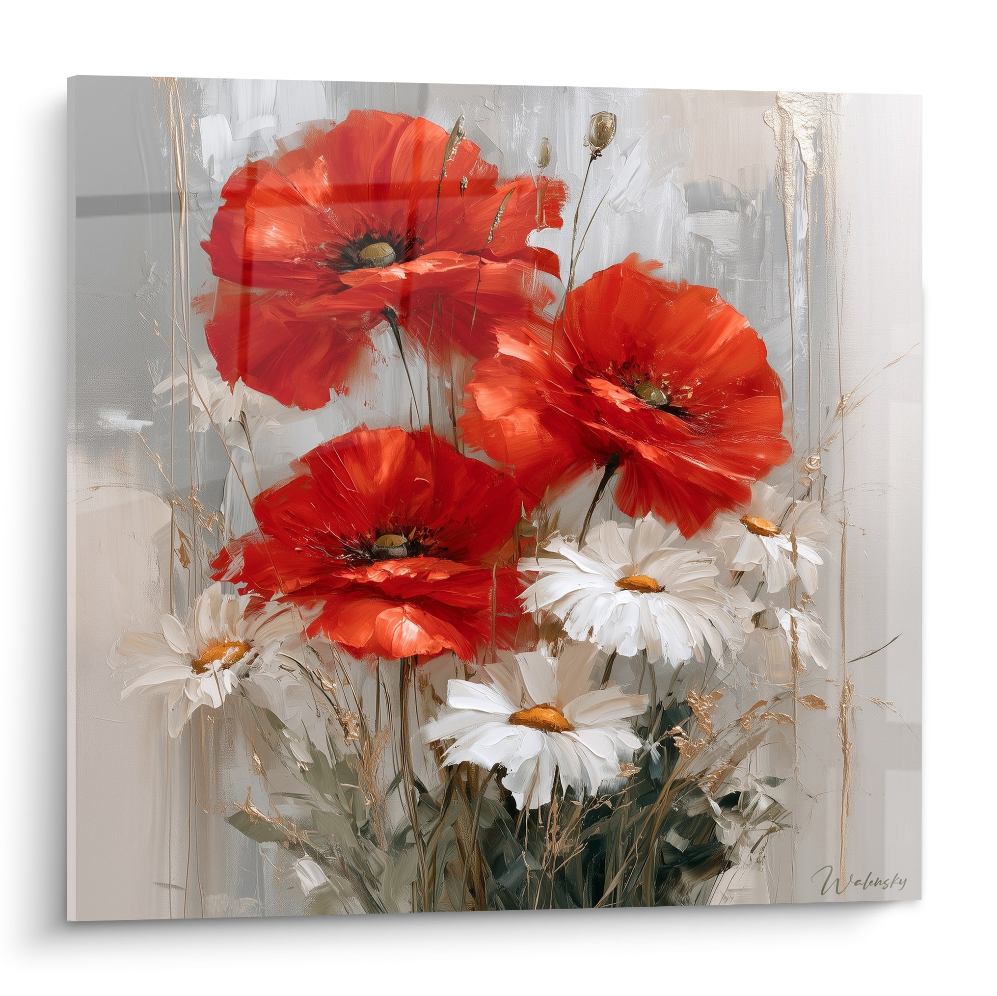 Coquelicots rouges et marguerites blanches peints à l'huile sur fond gris texturé doré