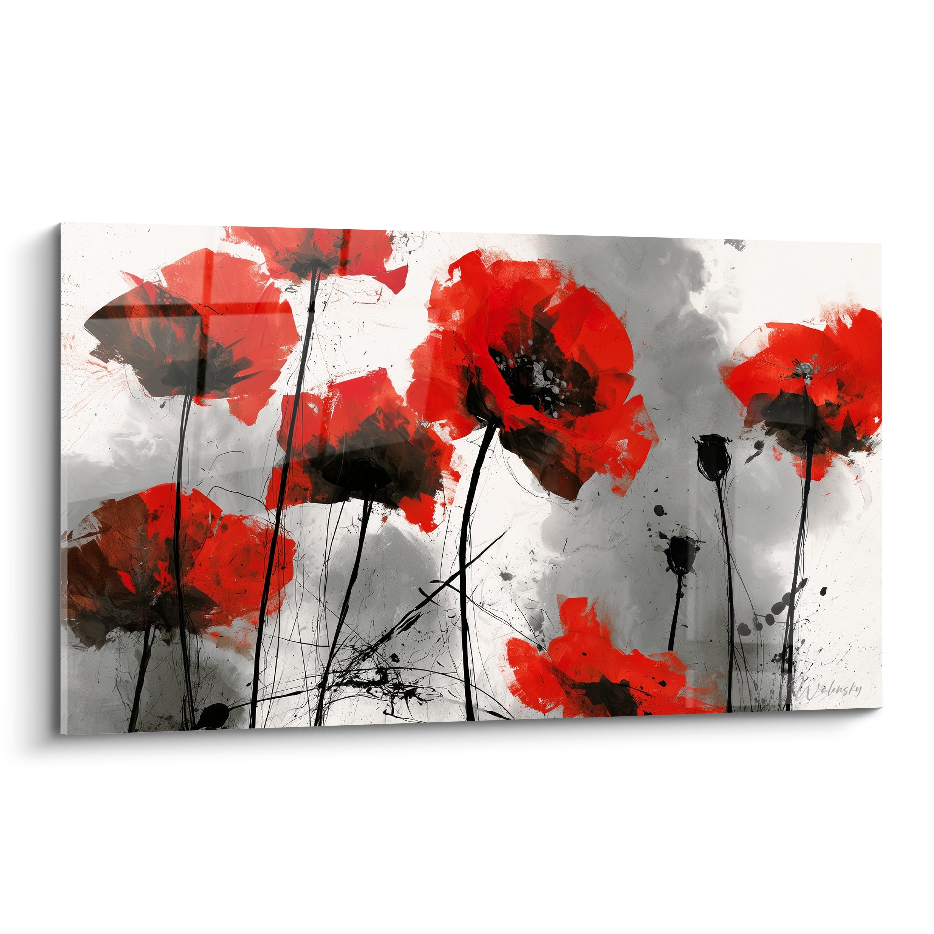 Coquelicots rouges aux cœurs noirs se dressent sur un fond gris texturé, style pictural expressif