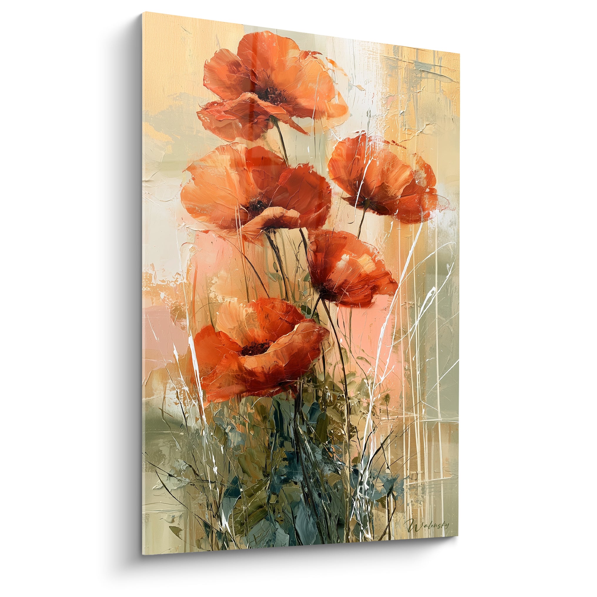 Coquelicots rouges et orangés peints en empâtement sur fond ocre et rose texturé