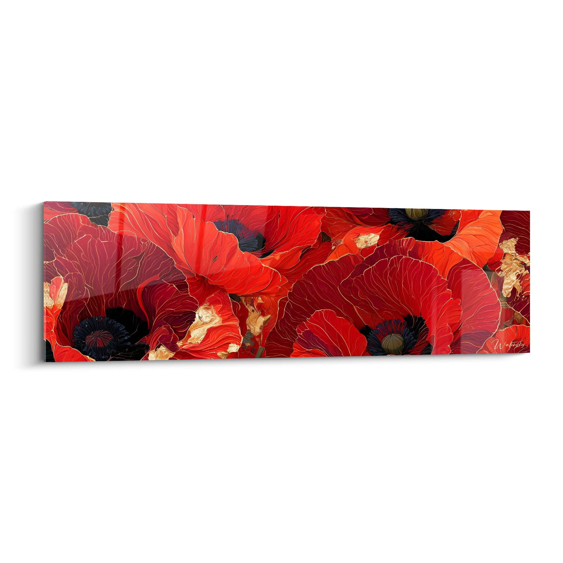 Coquelicots rouges aux nervures dorées, pétales serrés sur fond sombre, traitement graphique intense
