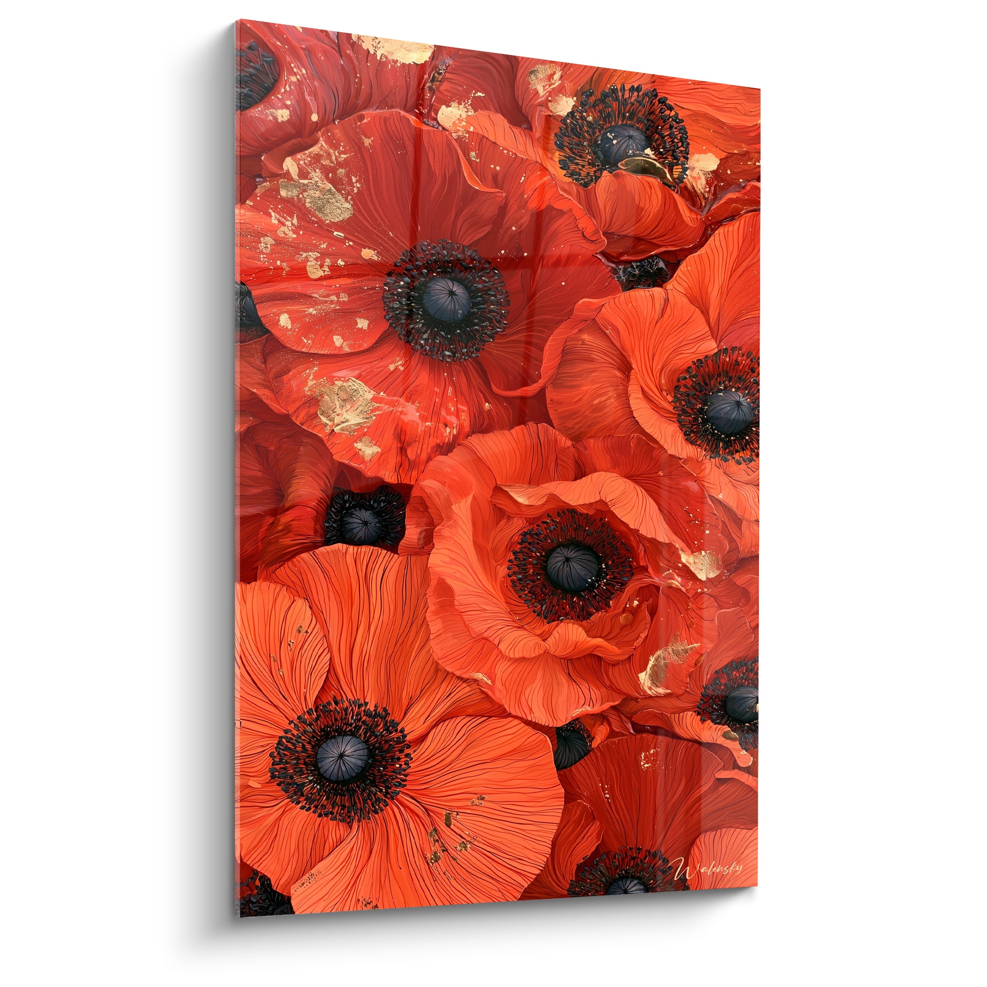 Coquelicots rouge et orangé aux cœurs anthracite et touches dorées peints en gros plan