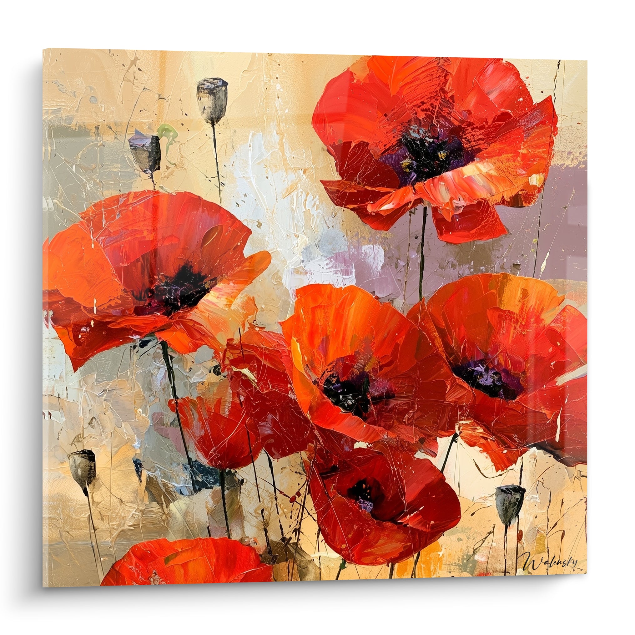 Coquelicots rouge et orangé aux textures épaisses, cœurs anthracite, fond doré et crème