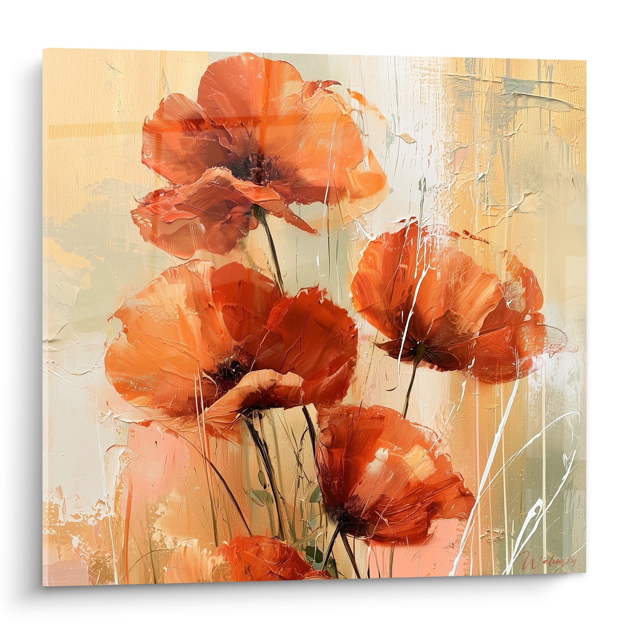 Coquelicots rouge et orangé aux pétales texturés sur fond beige, peinture au couteau expressive