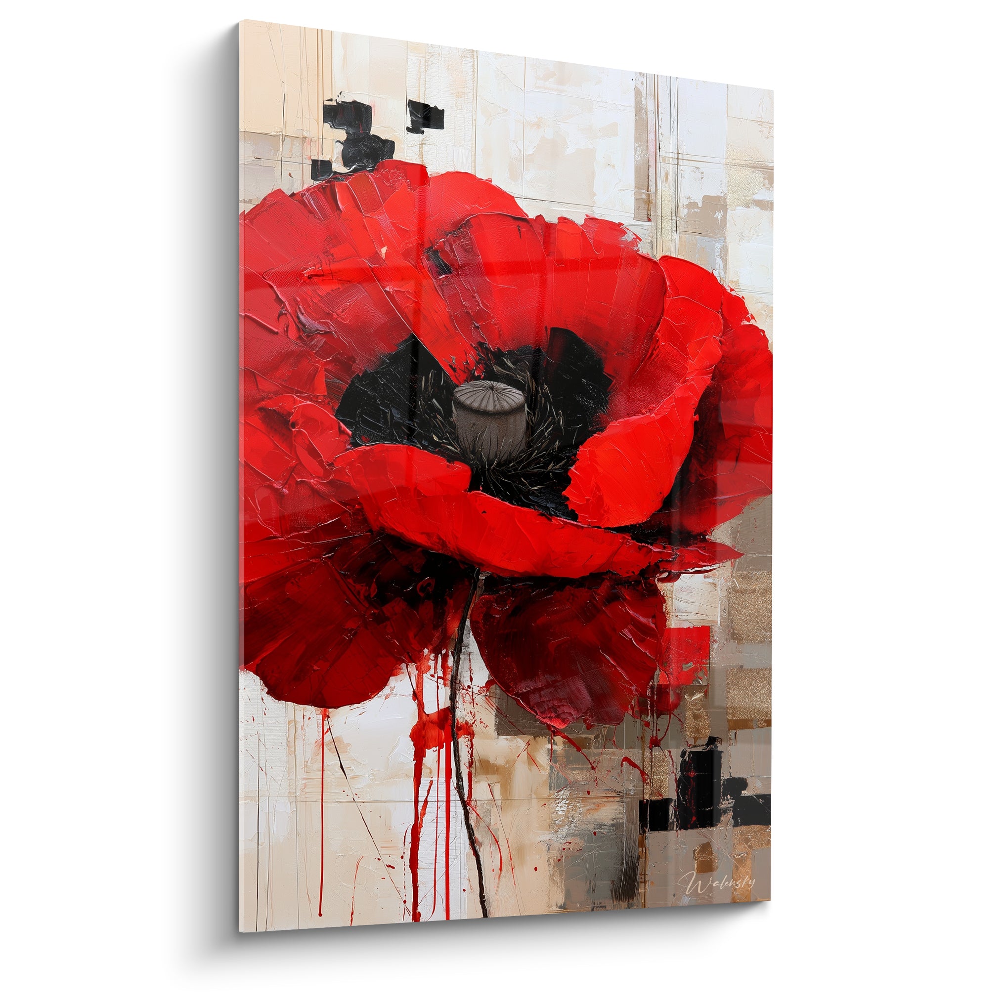 Coquelicot rouge intense aux pétales texturés, cœur noir et fond beige patiné en peinture au couteau