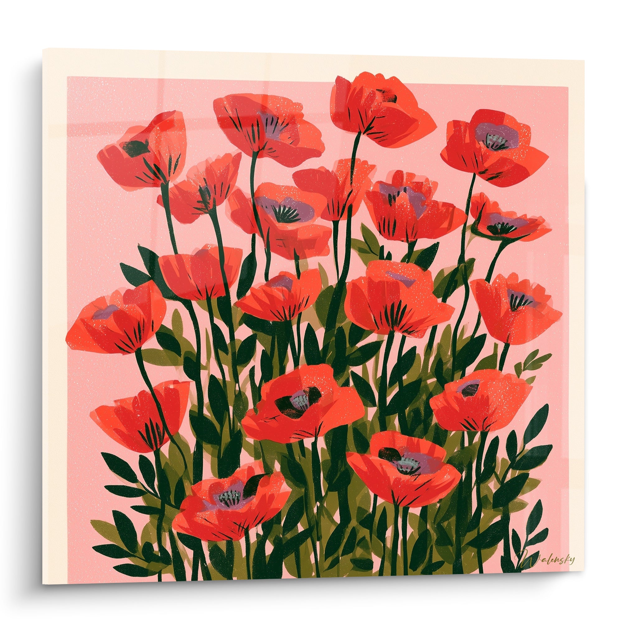 Coquelicots rouges aux cœurs violets se dressent sur fond rose pastel, style illustratif graphique