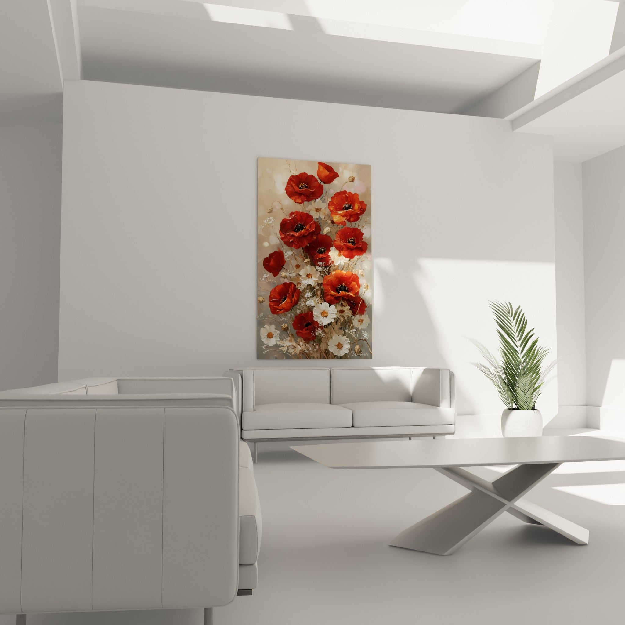Fleurs de coquelicot rouge vif et marguerites blanches au-dessus d'un canapé dans un salon lumineux