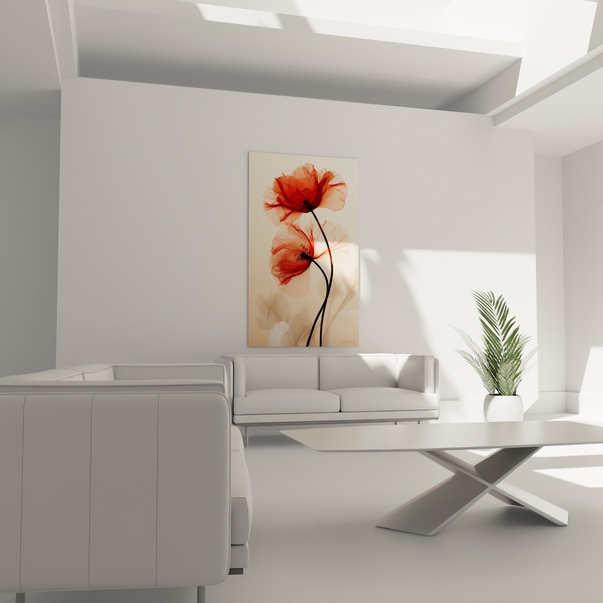 Fleurs de coquelicot rouge vif et beige sable, au-dessus d'un canapé dans un salon lumineux