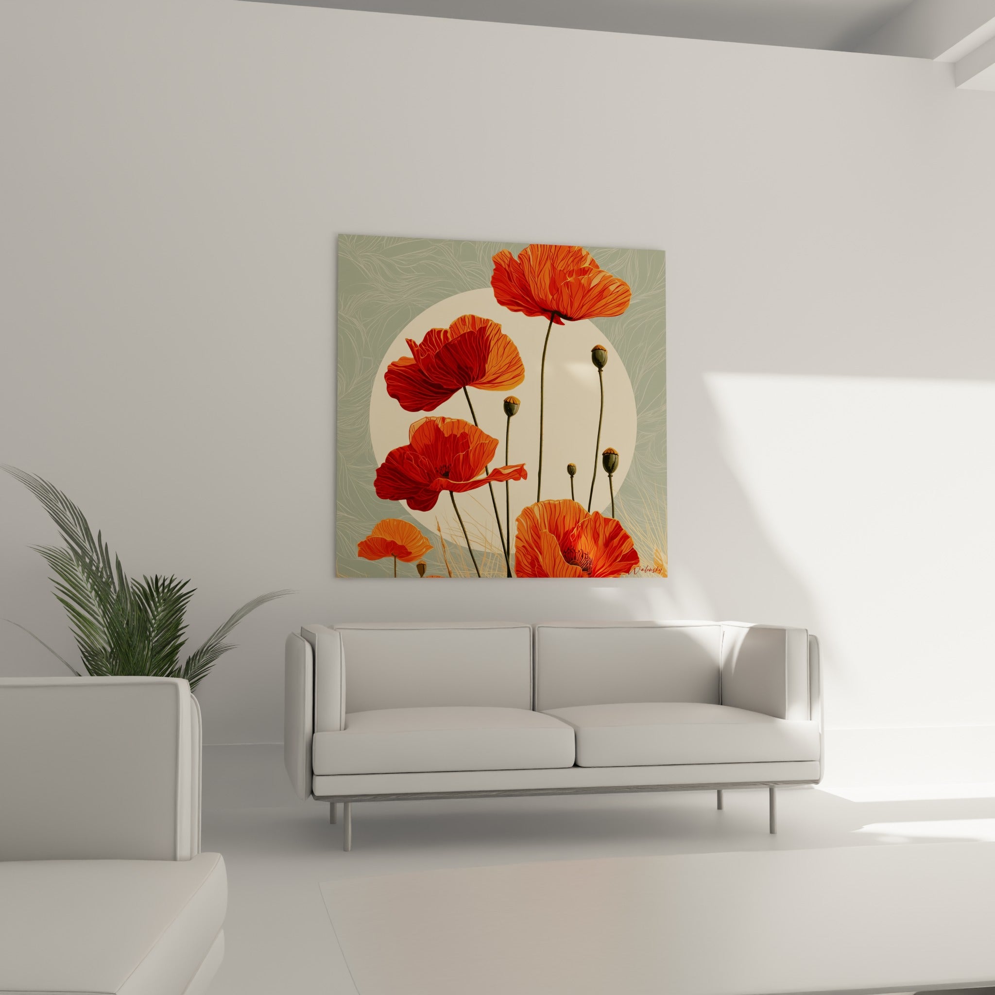 Pétales de coquelicot rouge profond suspendus au-dessus d'un canapé dans un salon lumineux