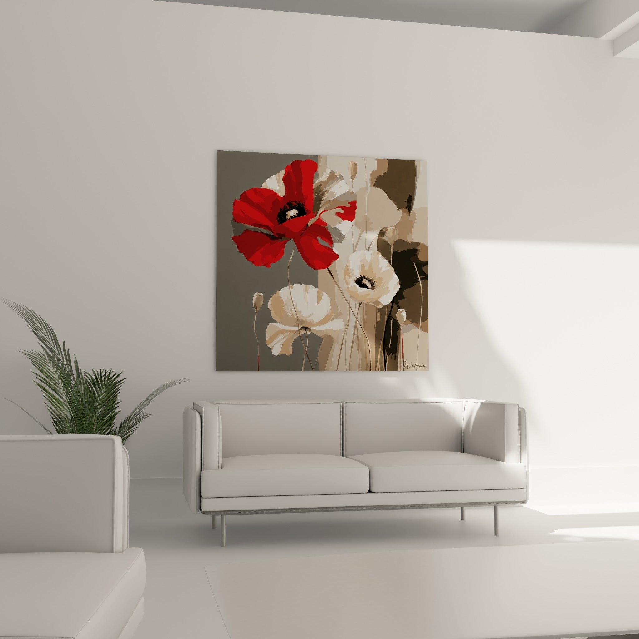Pétales de coquelicot rouge et beige accrochés au-dessus d'un canapé dans un salon lumineux