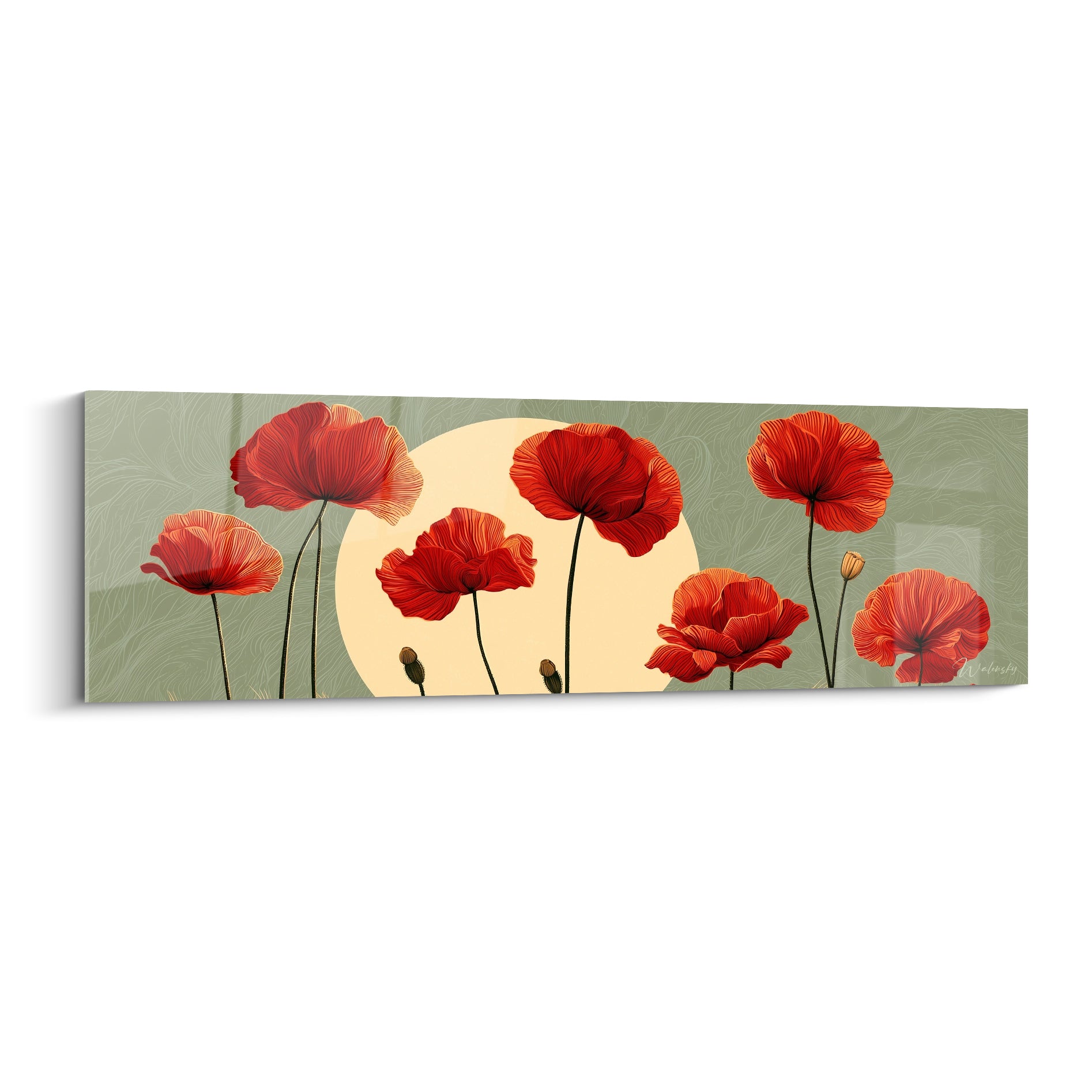 Coquelicots rouges aux nervures dorées devant un cercle crème sur fond vert sauge texturé