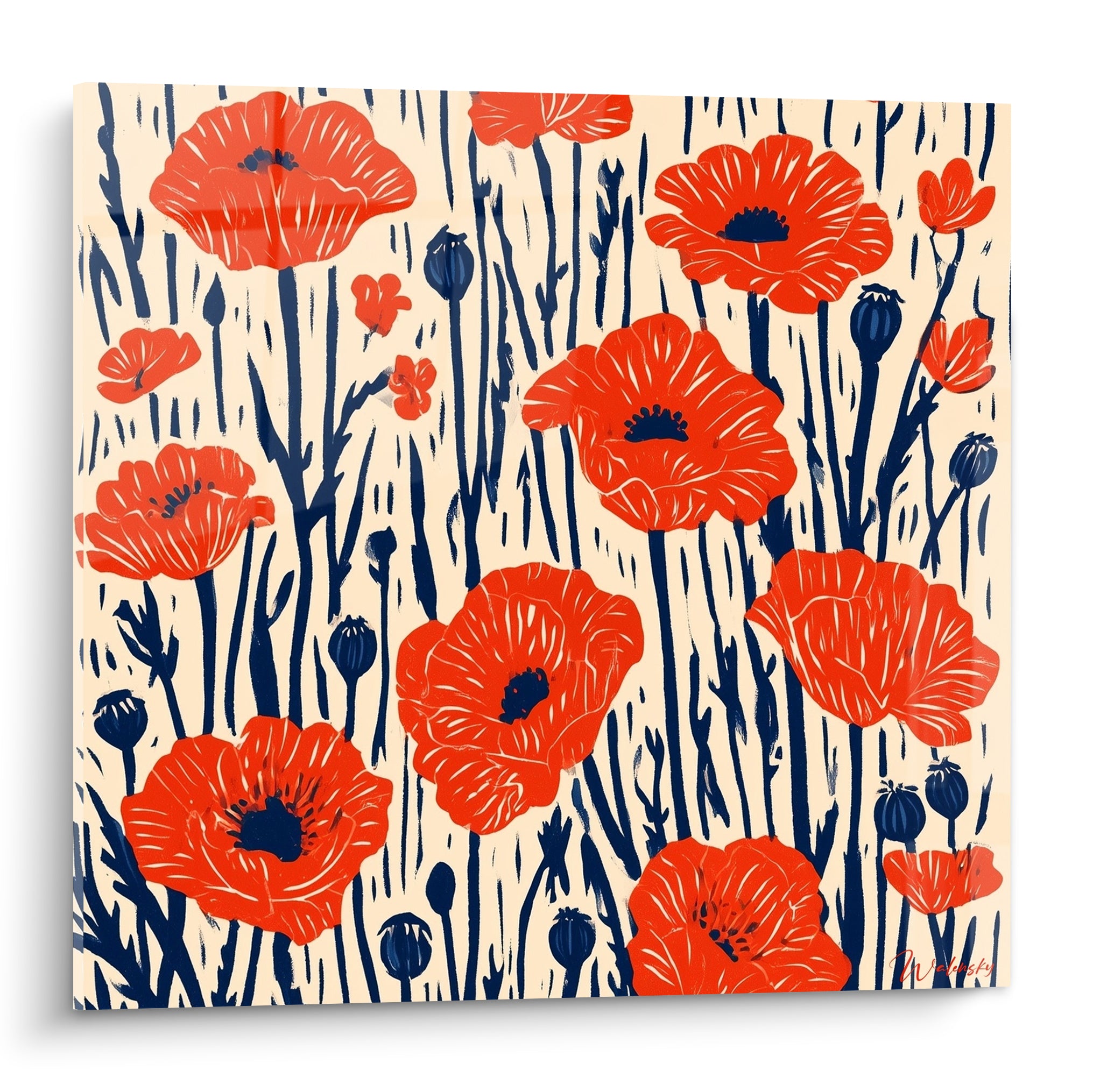 Coquelicots rouge vif aux tiges bleu marine sur fond crème, style gravure botanique dense